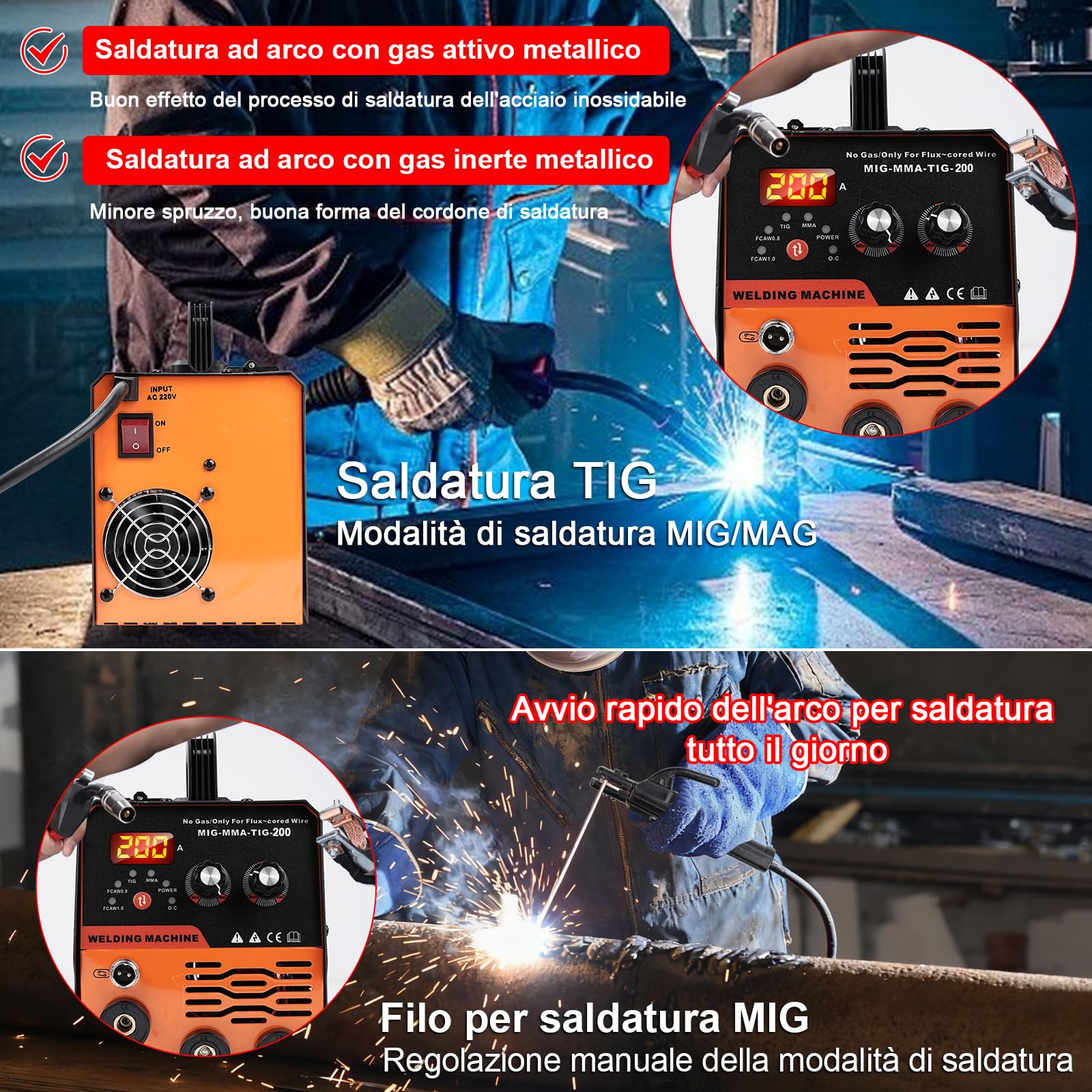 Saldatrice MIG, 20-200A Saldatrice a Filo Animato Senza Gas, Saldatrice Inverter 3 in 1 MIG/MMA/LIFT TIG, con Tecnologia Inverter IGBT e Display LCD, Filo 1,0 mm, 2,5 mm Rod, Pistola di Saldatura