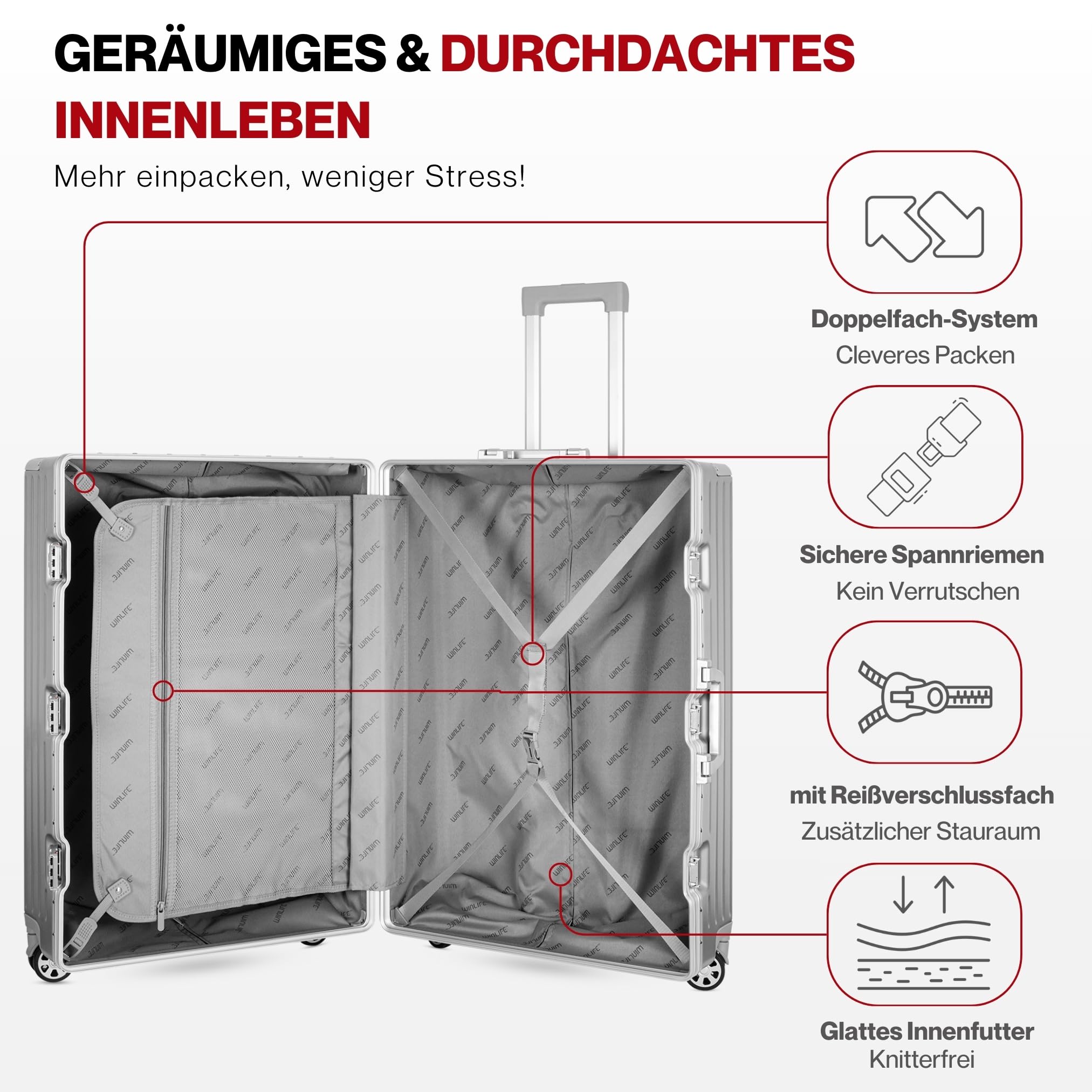 WINLIFE Walizka podróżna w rozmiarze XL, aluminiowa rama z ABS + antracytowa poduszka pod kark i zamkiem TSA, 75 cm, walizka z twardą obudową, duża walizka, kolor srebrny, srebro, XL, 1 x walizka na