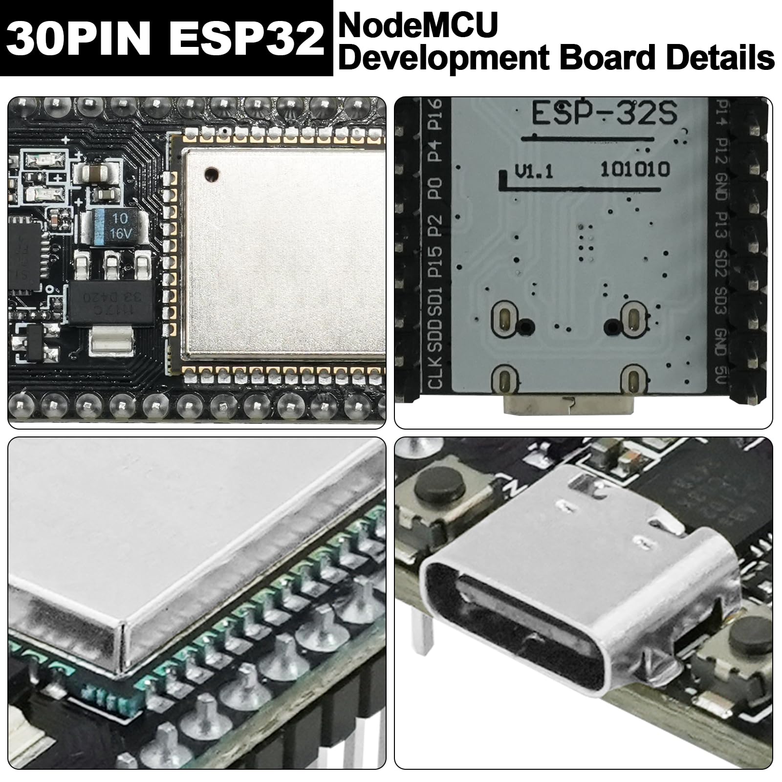 2PCS 30PIN Nodemcu ESP32 CH340 Schede di sviluppo, ESP 30 Pins ESP ESP WROOM 32D Modulo 2.4 GHz WIFI + Bluetooth Basso consumo Typ-C Interfaccia Compatibile con Arduino