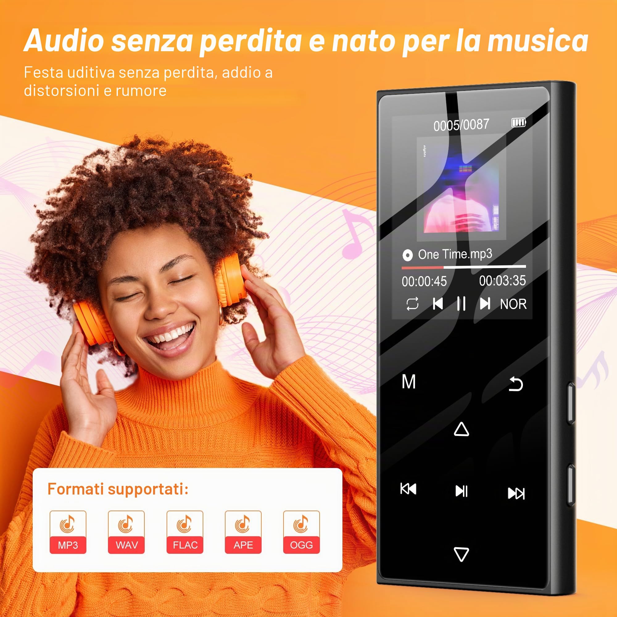Lettore MP3 da 128 GB con Bluetooth 5.3 e touchscreen da 1,8 pollici, musica hi-fi, lettore MP3 per bambini con altoparlante, radio FM, funzione e-book, funzione di registrazione (Nero)