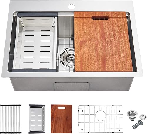 MENATT Fregadero de cocina de 23 pulgadas, calibre 18 de acero inoxidable con orificio para grifo único, repisa de un solo tazón, fregadero de