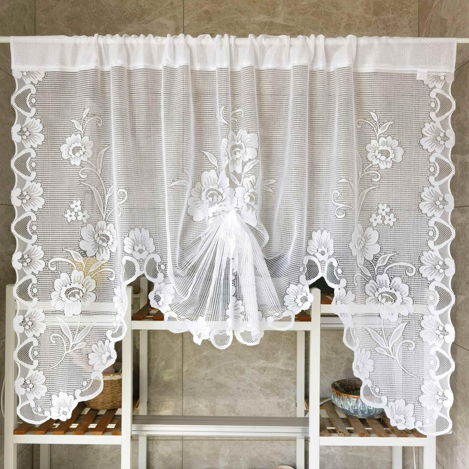 NewWPKIRA 1 Panel Floral Embroidery Sheer Lace Curtain Valance Princess Style Embroidered Waterfall Swag Curtain Valance Tier for Kitchen Bathroom Half Window Decoration, Rod Pocket Top