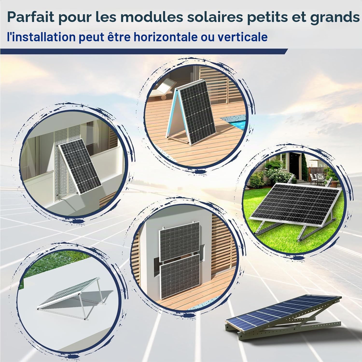 1 ensemble de supports de montage de panneau solaire réglables de 114,3 cm avec pieds inclinables pliables, convient pour 1 à 2 panneaux solaires de 100, 200, 300, 400, 500 W pour toit, camping-car