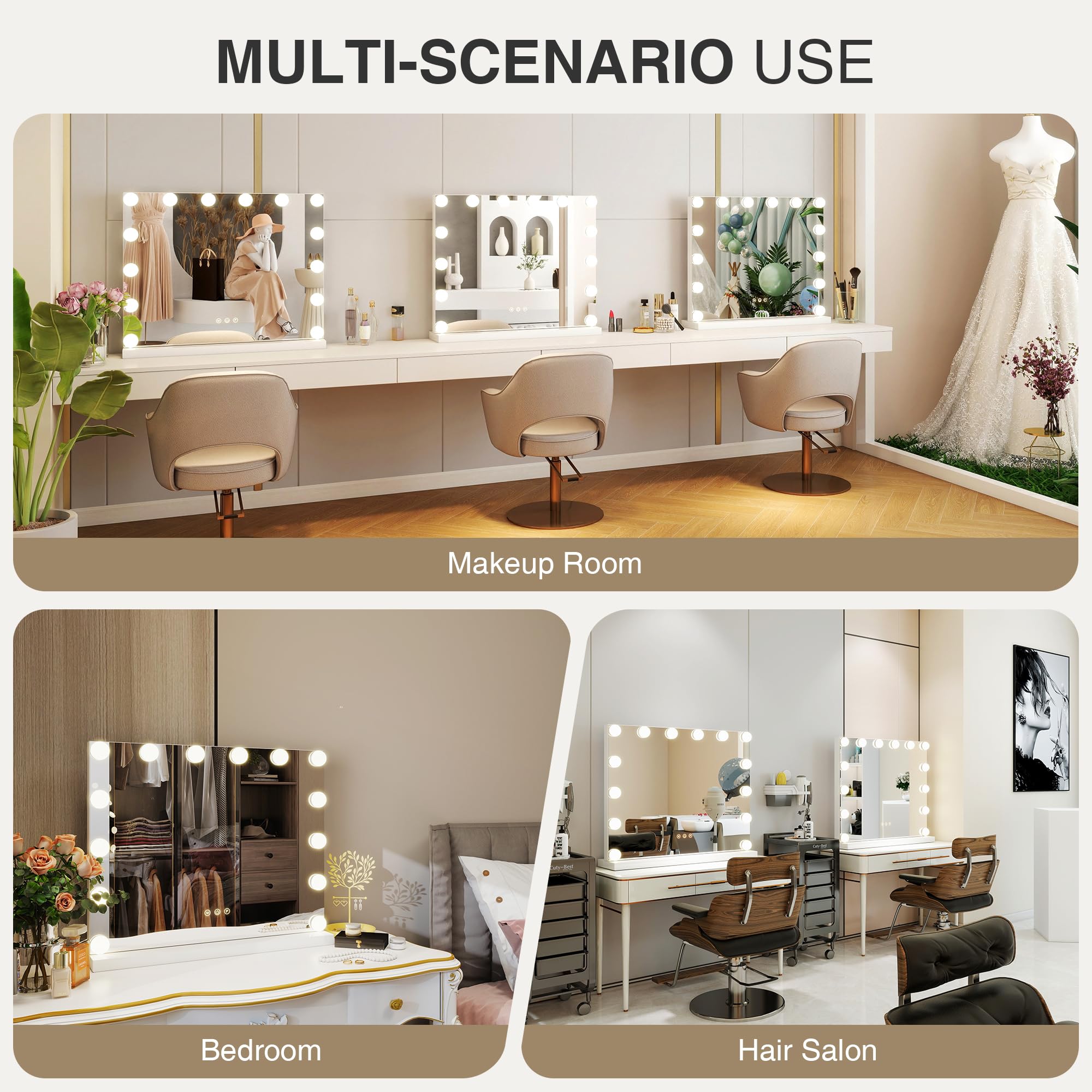 Miroir cosmétique Hollywood avec 3 Modes de Couleur, Miroir cosmétique éclairé avec Lampes LED à intensité Variable et grossissement 10x pour Bureau (52 cm x 40 cm)