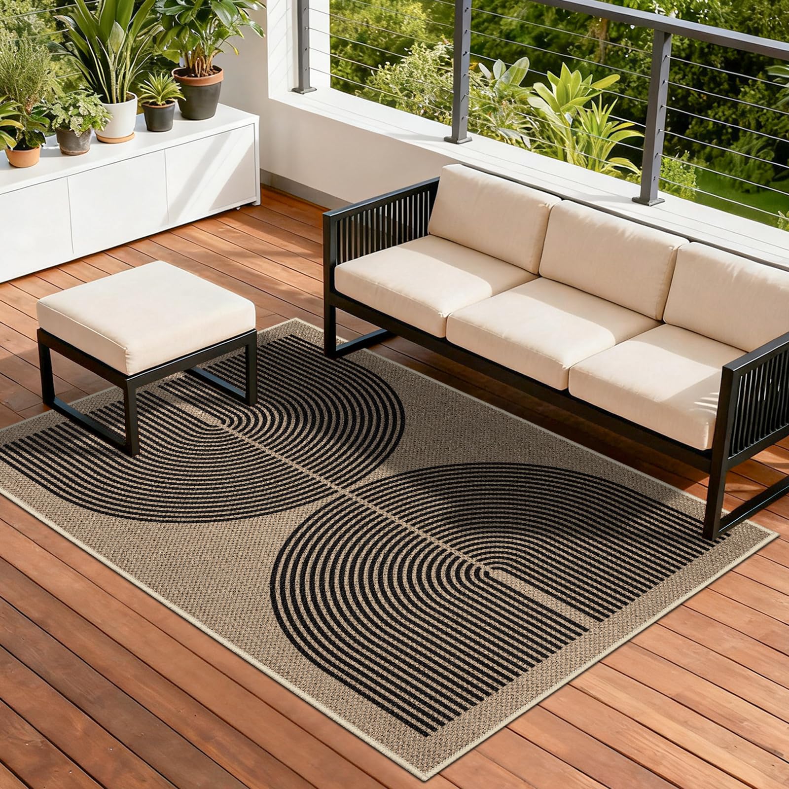 Capslpad Outdoor Teppich 120x180cm, Jute Aussehen Wetterfest, rutschfest Flachgewebe Waschbar Teppiche, Robust Küchenteppich für Wohnzimmer, Balkon, Terrasse, Küche, Garten, Farbe:Schwarz