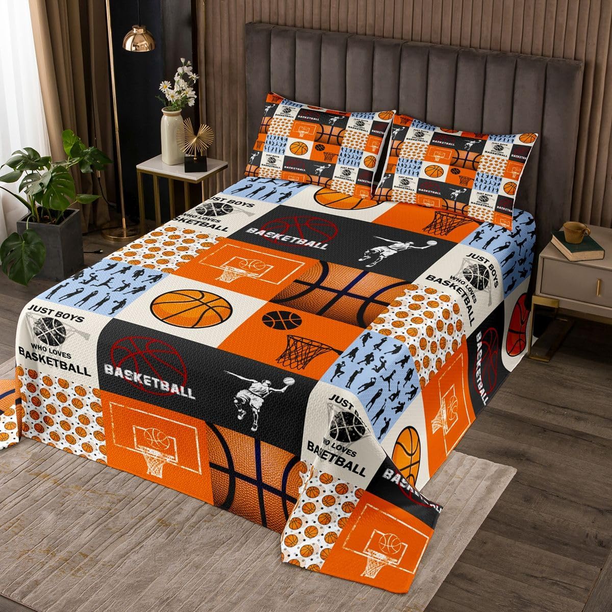 Boy Basketball Bedspread Twin Size,Ball Sport Games Bedding Sets 2Pcs for Kids Girls Boys Room Decor,Basketball Player Silhouette Comforter Set Modern Patchwork Plaid Quilt Coverlet,1 Pillowcase