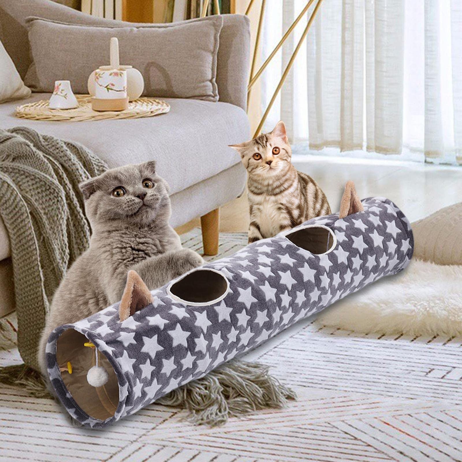 Katzentunnel Interaktives Katzen Kätzchen Spieltunnel Bett Aus Stoff mit Geräuschpapier Und Ball für Wohnung Training Spielen, Stern