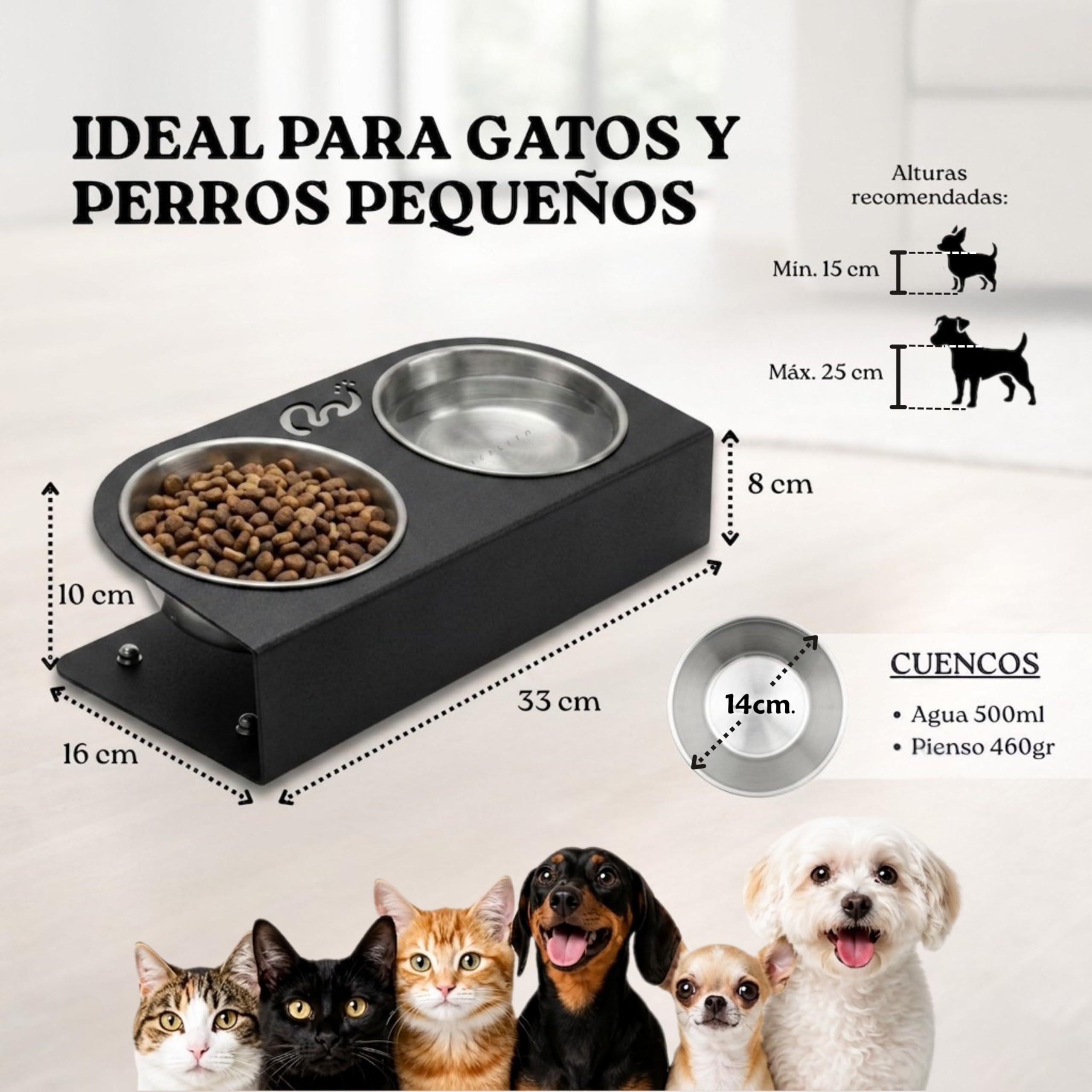 Comedero Perro Elevado para Perros Pequeños, Comedero Gato Elevado Antideslizante y Antibacteriano, Cuencos de Acero Inoxidable, Diseñado y Fabricado en España (Negro, S)