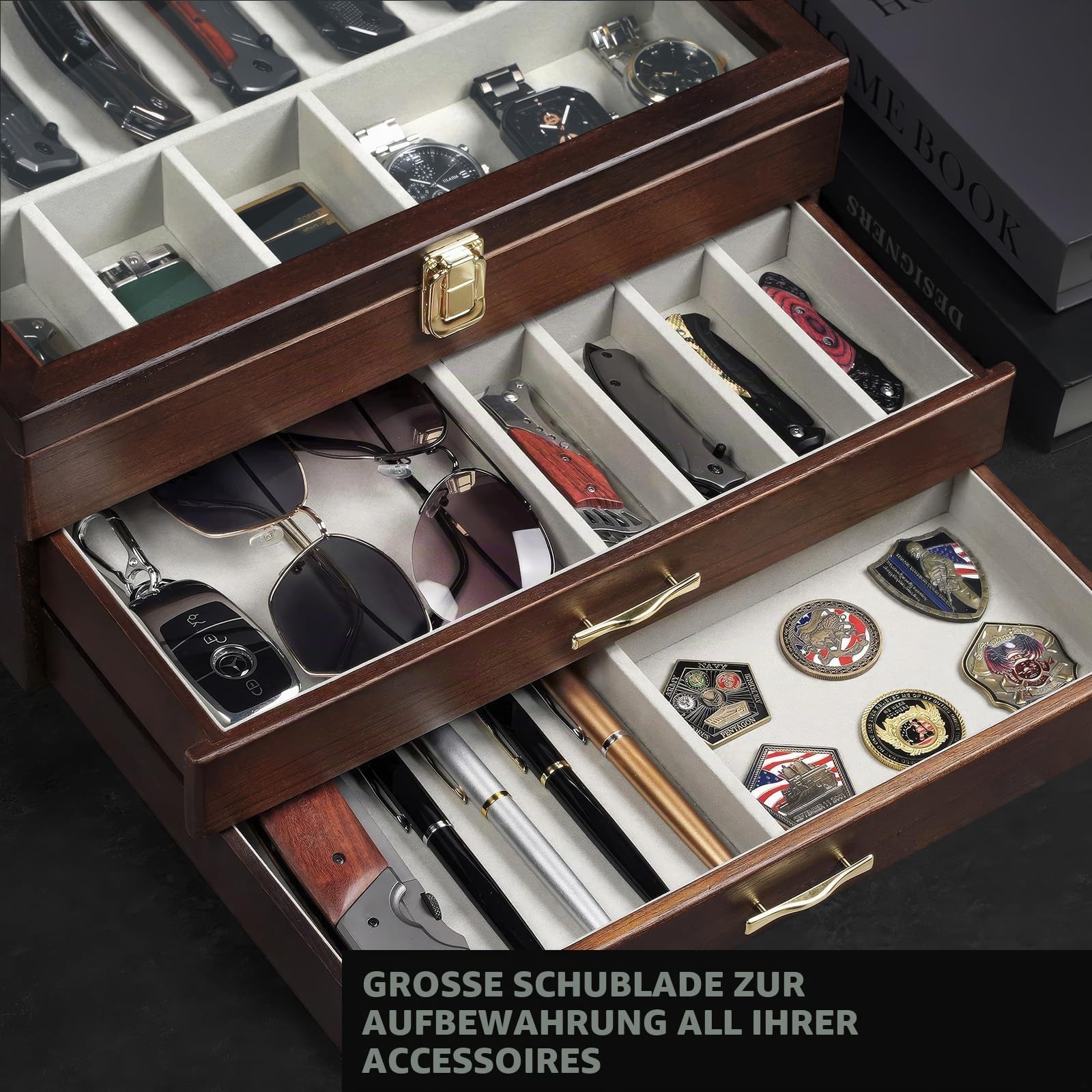 3-stöckige Messerhalter, Holz Messerständer für 17–23 Taschenmesser-Vitrine, Taschenmesser-Sammlung mit Echtglasfenster oben, Messer-Aufbewahrungsbox als Geschenk für Männer (Nussbaum)