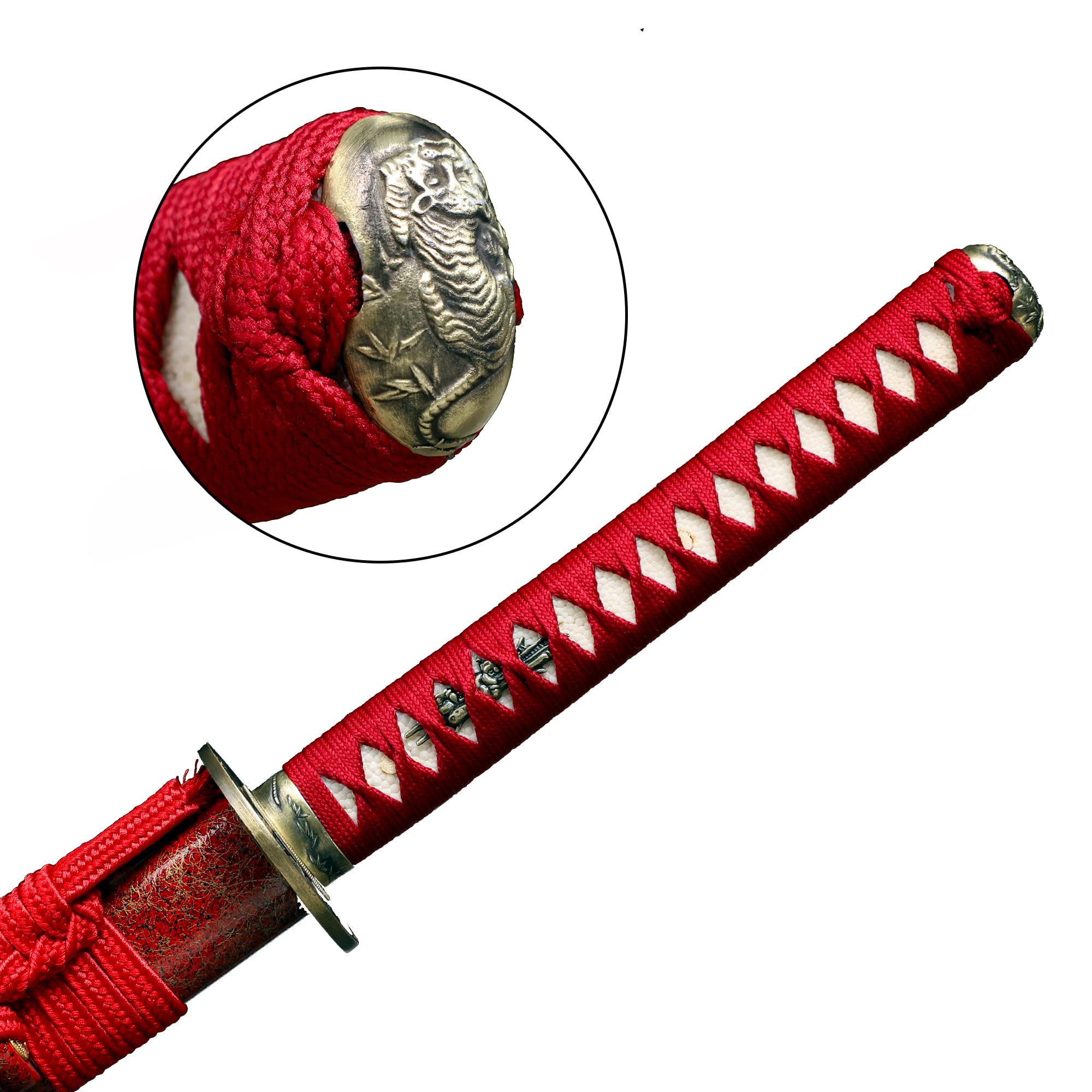 Close-up of the Katana sword handle with red wrapping and tiger pommel
