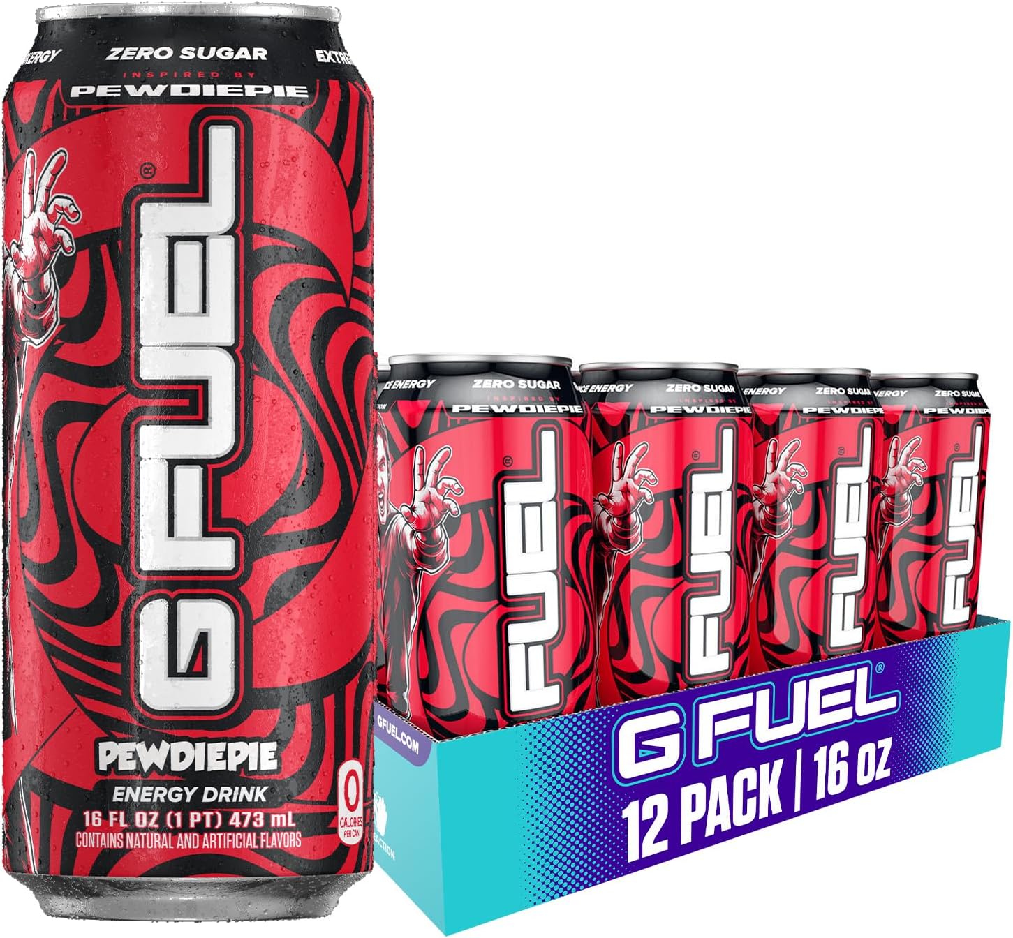 G Fuel Energy Drink, Lingonberry, Sugar Free Beverage with 300mg Caffeine, Daily Energy Boost with Focus Amino, Vitamin + Antioxidants, 16 oz Cans (PewDiePie, 12-Pack)
