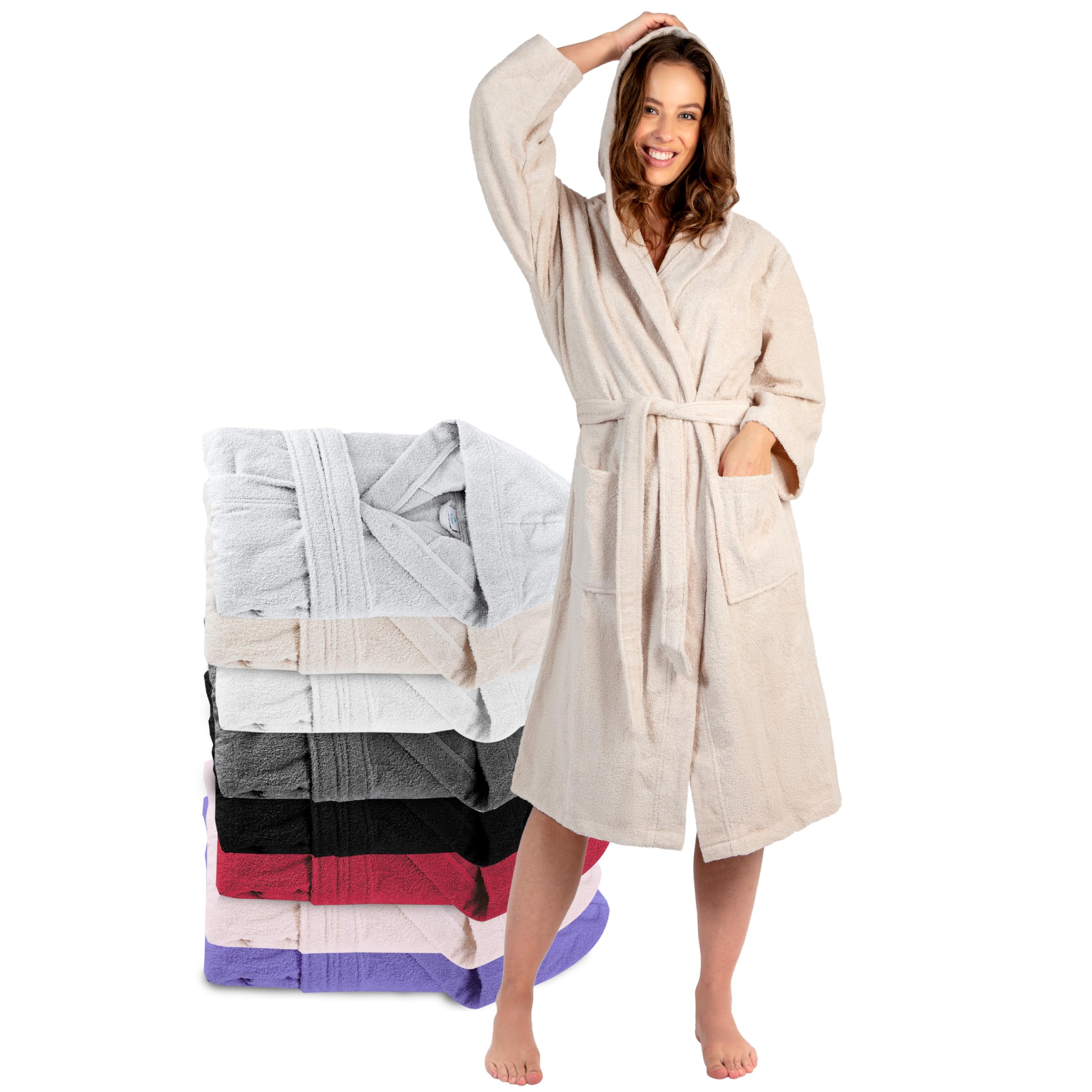 Twinzen Peignoir de Bain Femme - XS, S, M, L, XL - 100% Coton avec Capuche - Certifié OEKO-TEX® - Robe de Chambre Eponge 2 Poches, Ceinture - Doux, Absorbant et Confort