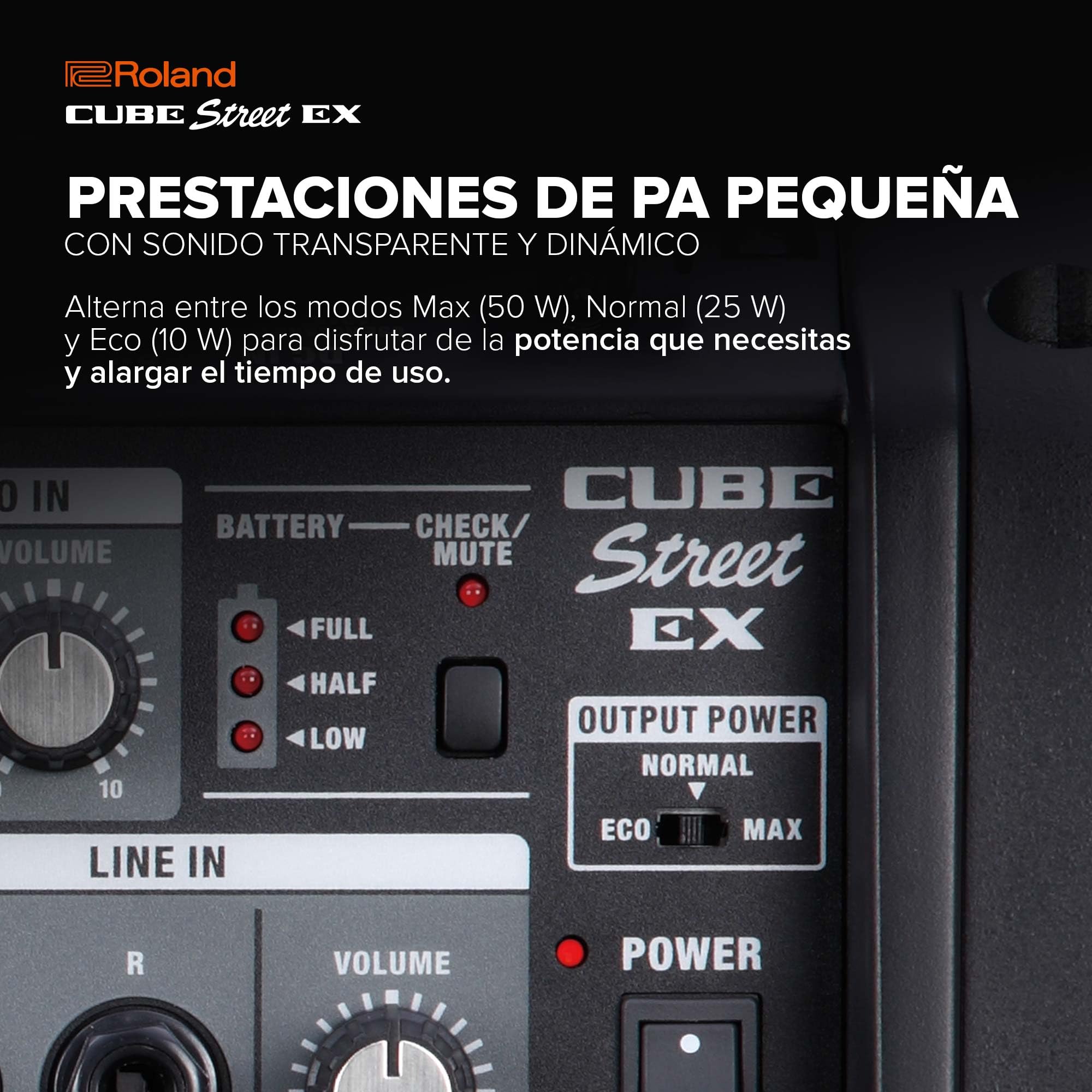 Roland Cube Street EX | Amplificador estéreo de 50 W con batería | Sonido Transparente y dinámico | Ideal para actuaciones al Aire Libre | Admite micros, Instrumentos y Dispositivos de Audio.