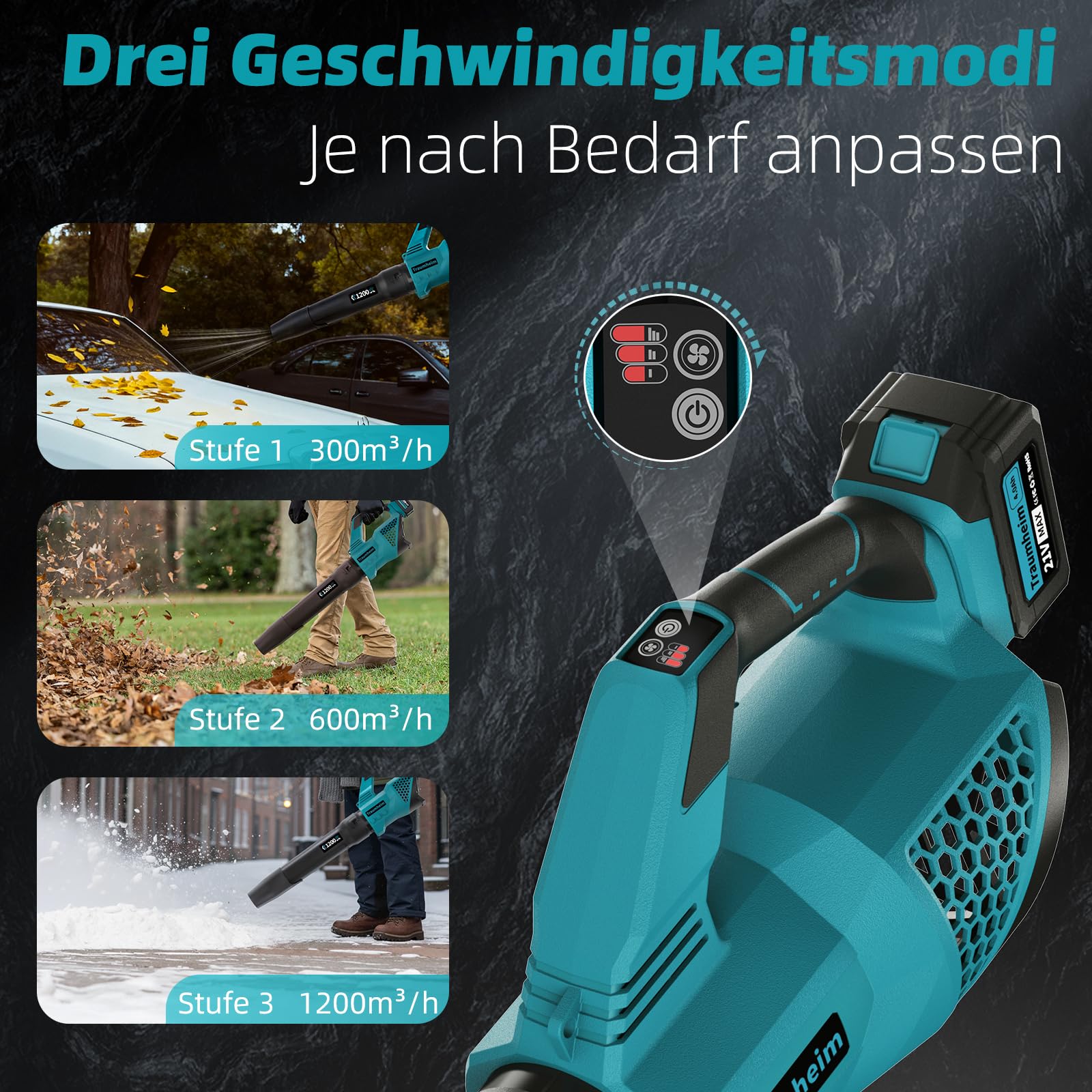 Akku Laubbläser, 3-Gang Kabelloser Elektrischer Laubbläser mit 2X 4.0Ah/21V Batterien, 1200m³/h Akkus Kabellos laubbläser für Garten, Laub, Staub & Schnee
