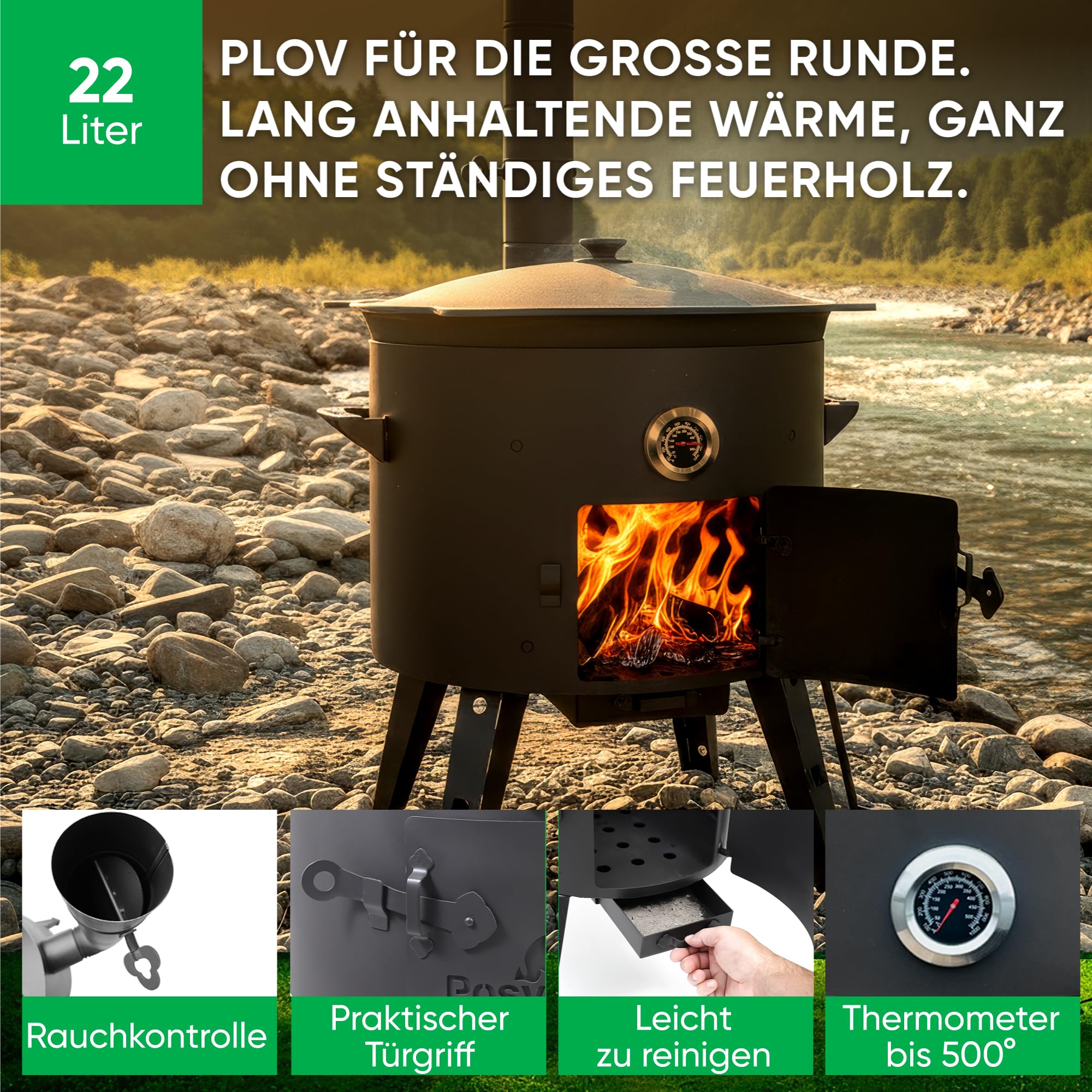 Utschak Feuerofen Ø 49 cm & Gusseisen-Kasan 22 L | Kazan-Set mit Deckel | Usbekischer Kochtopf für Grill & Plov | Flacher oder Runder Boden Wählbar
