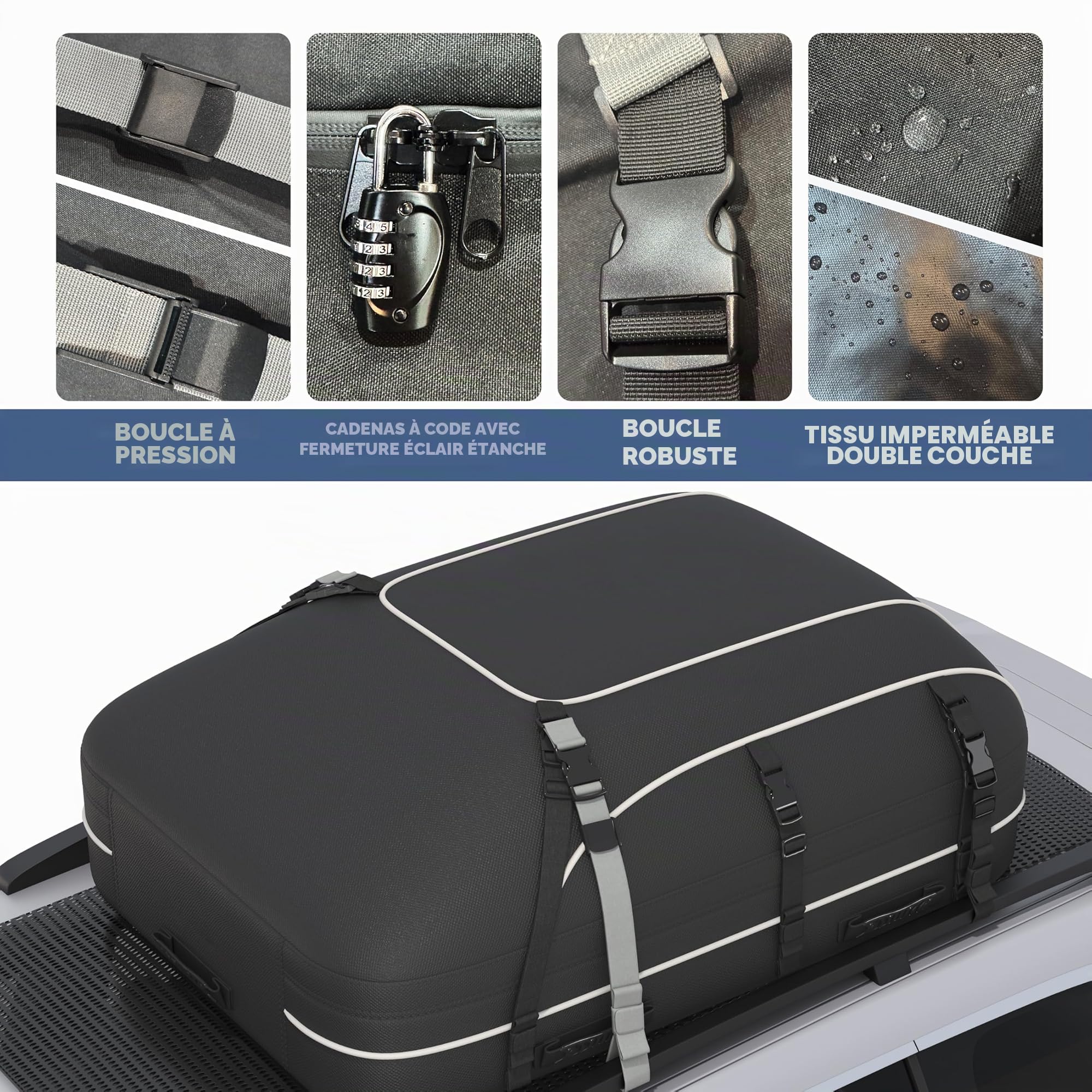 WORKKOOL Sac de toit imperméable de 4,6 m³ avec tapis antidérapant et verrou – Rangement universel sur le dessus de voiture pour VUS/Break – Sac de transport pliable (111,8 x 86,4 x 43,2 cm)