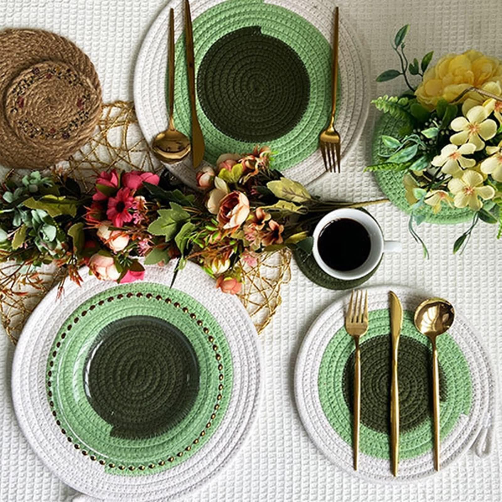 Platzsets Coffee 6er Set, Platzdeckchen Grün 24cm Gewebt mit Aufhängeloch Baumwolle Leinen