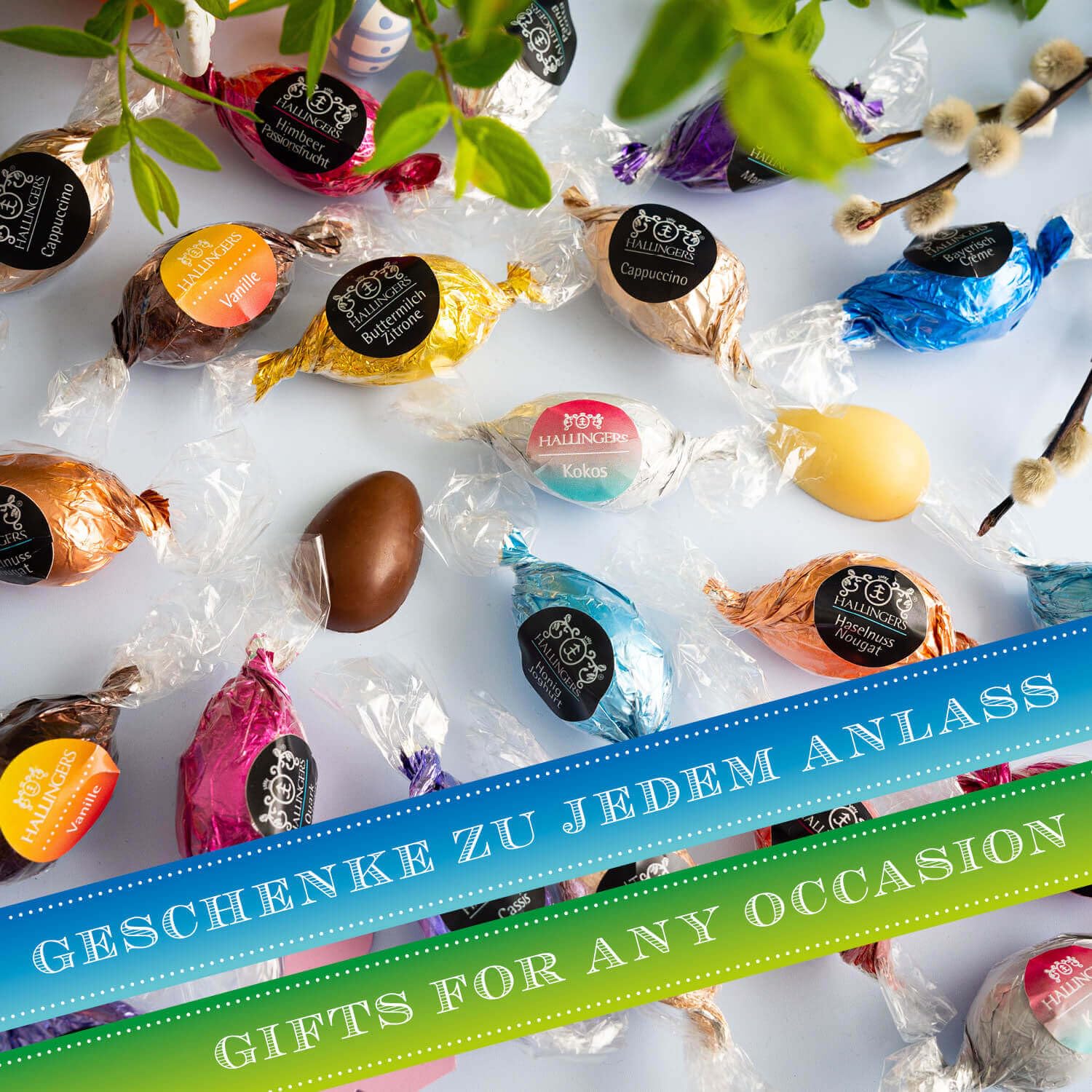 Hallingers Genuss Manufaktur Pralinen-Osterei Oster-Geschenk - mit & ohne Alkohol, handmade aus Edelkakao in wertiger Geschenkdose "Happy Easter", Ostern Körbchen für Frauen Männer