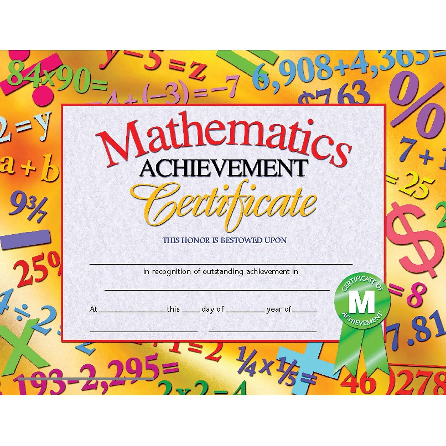 Hayes Mathematics Achievement Certificate, 8-1/2 X 11 in, Paper, Pack of 30