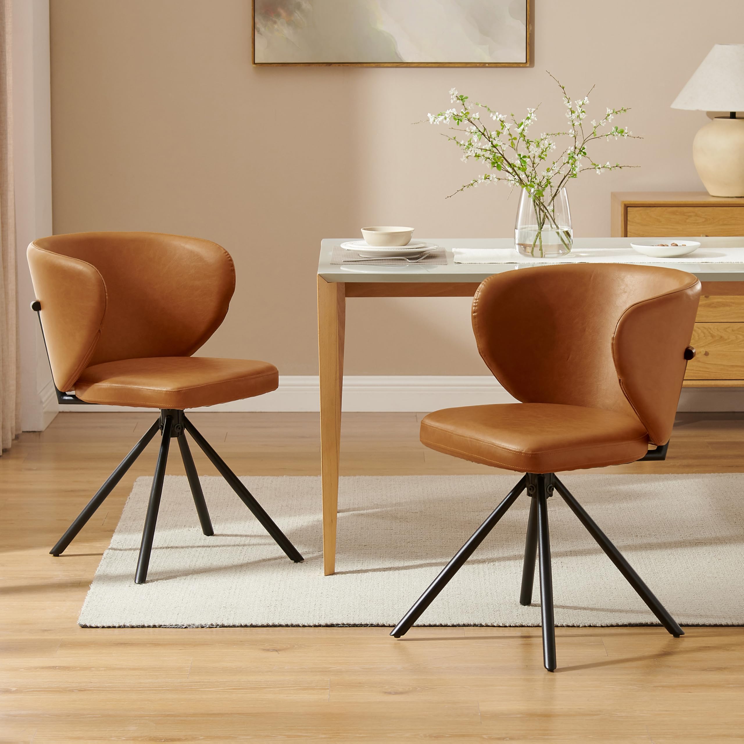 Art Leon Swivel Dining Chairs - Set of 2 Faux Leather Dining Room Chairs, Armless Kitchen Chairs with Metal Legs, Accent Side Chairs for Bedroom