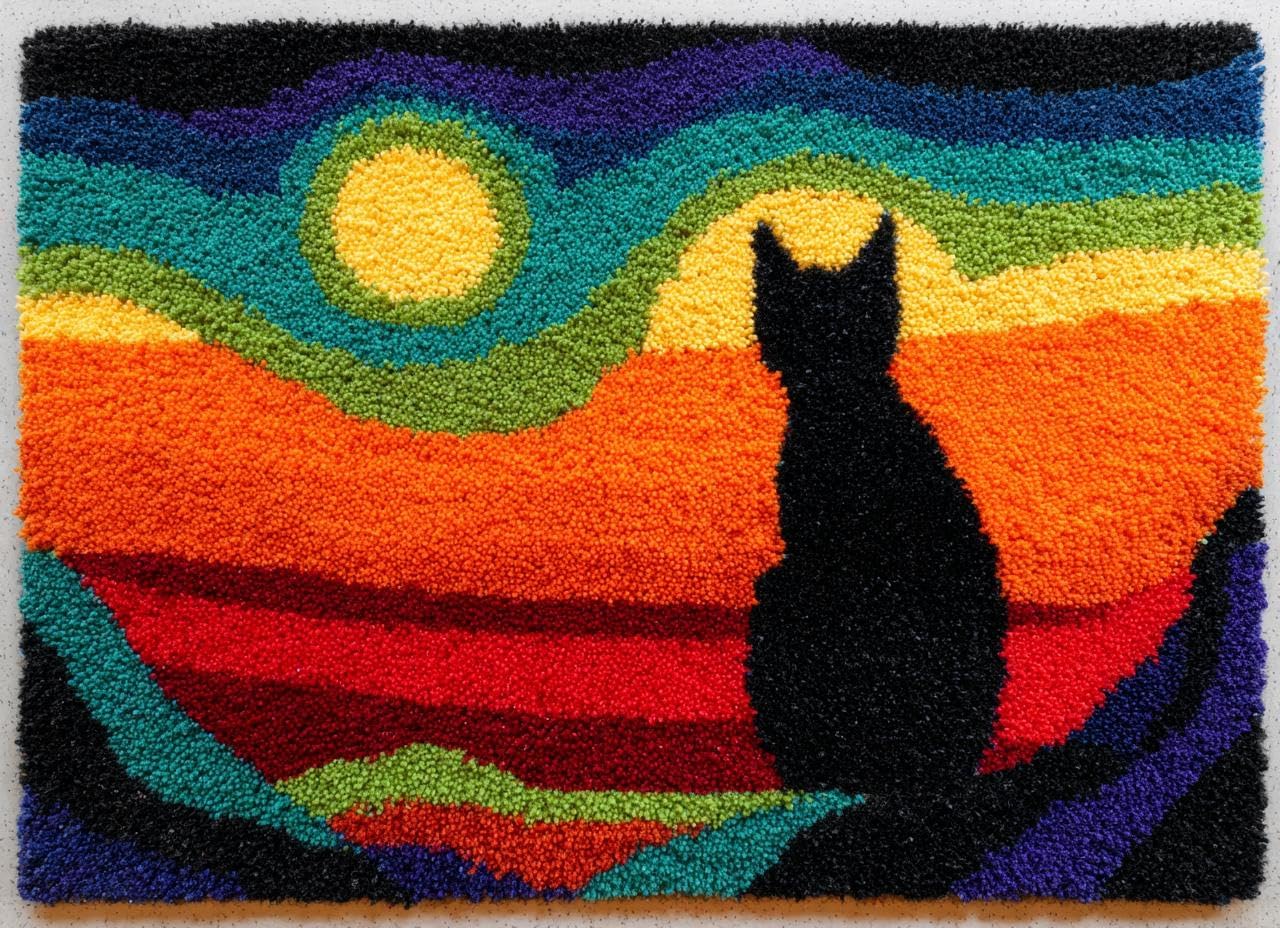 Latch Hook Rug Kit Black Cats Back and Moon Tapestry 52x38cm-4