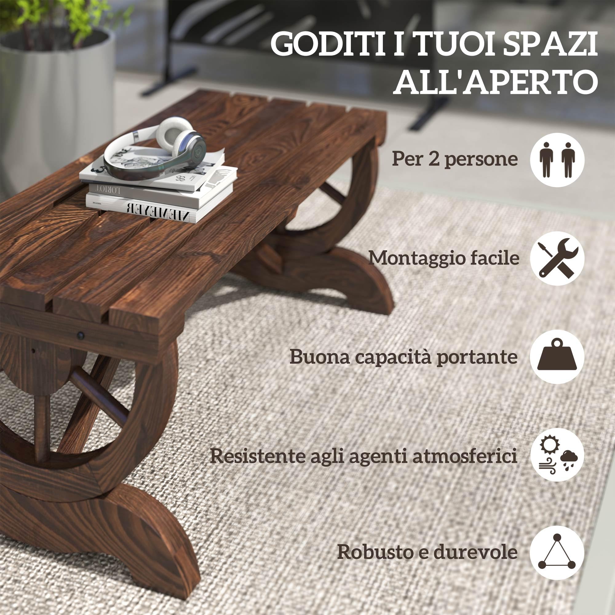 Outsunny Panchina da Giardino da 2 Posti con Design a Ruota, Panchina da Esterno a Doghe in Legno di Abete, Panca per Terrazza Patio e Cortile, 98x50x39.5 cm, Marrone