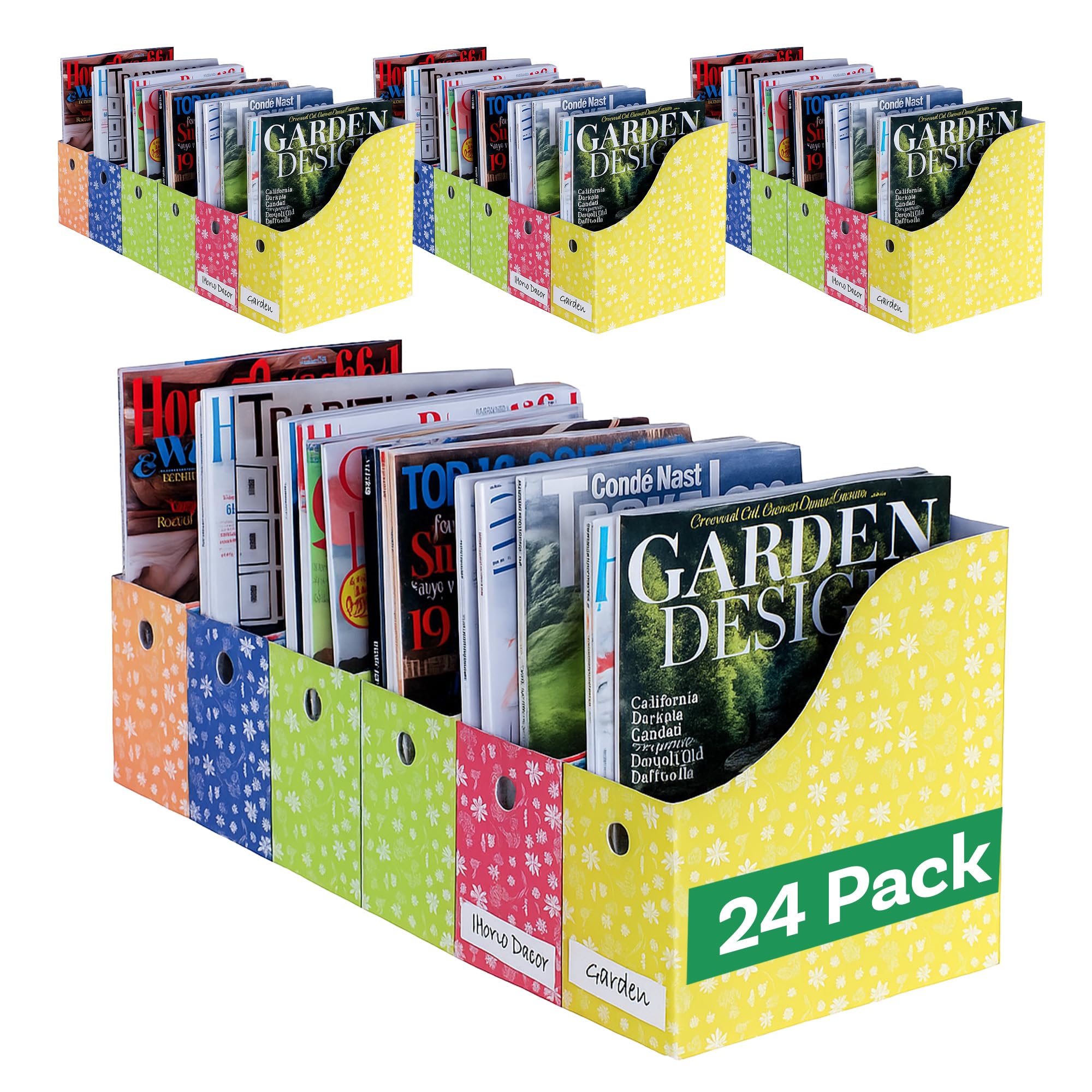 Evelots Magazine File Holder - Set of 24 Floral - Office Desk Organizer - Sturdy Cardboard - New Upgraded Double Front Panel for More Stability - Full 4 Inch Wide - Easy Assemble