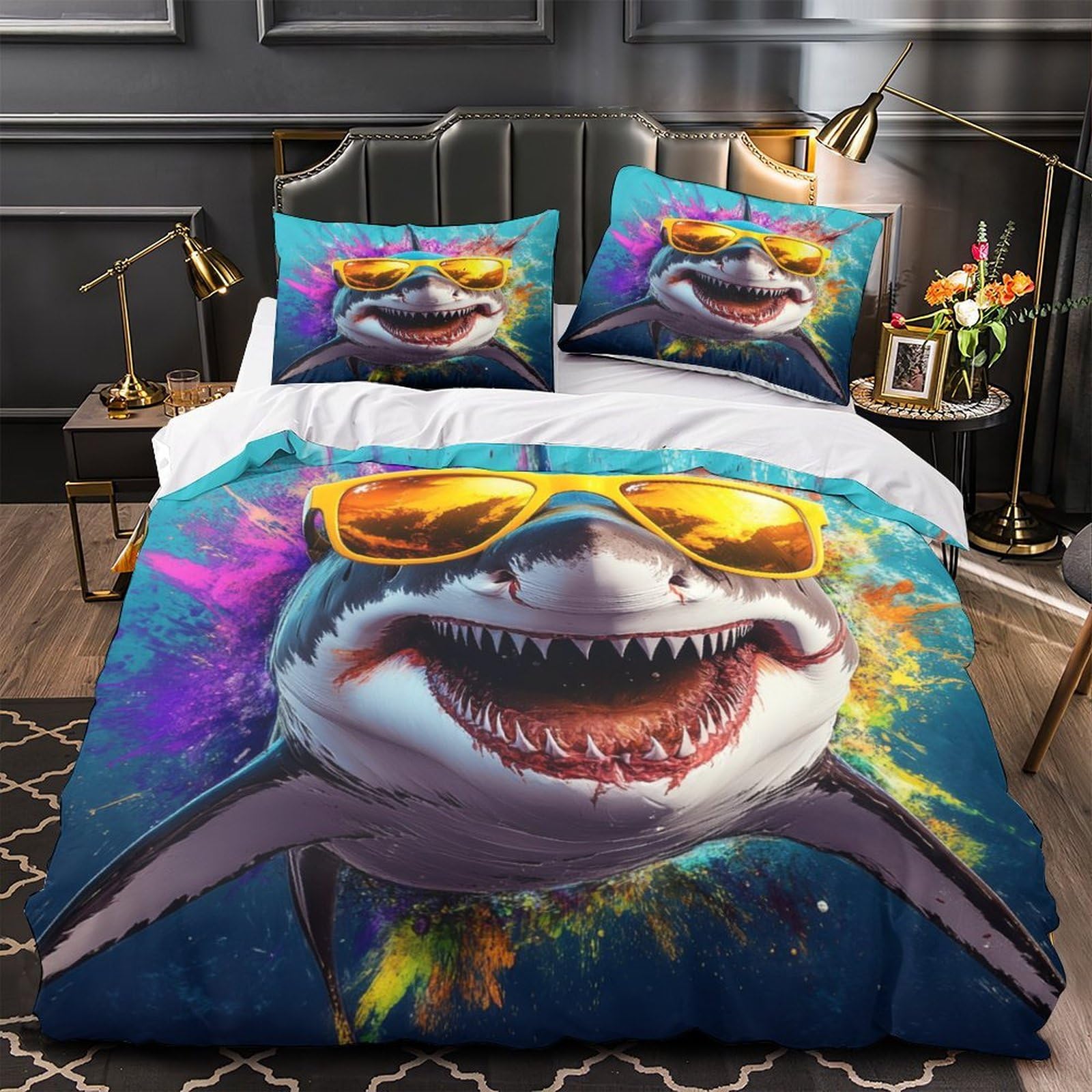 Housse de couette dessin animé requin 3D idée cadeau lit une place