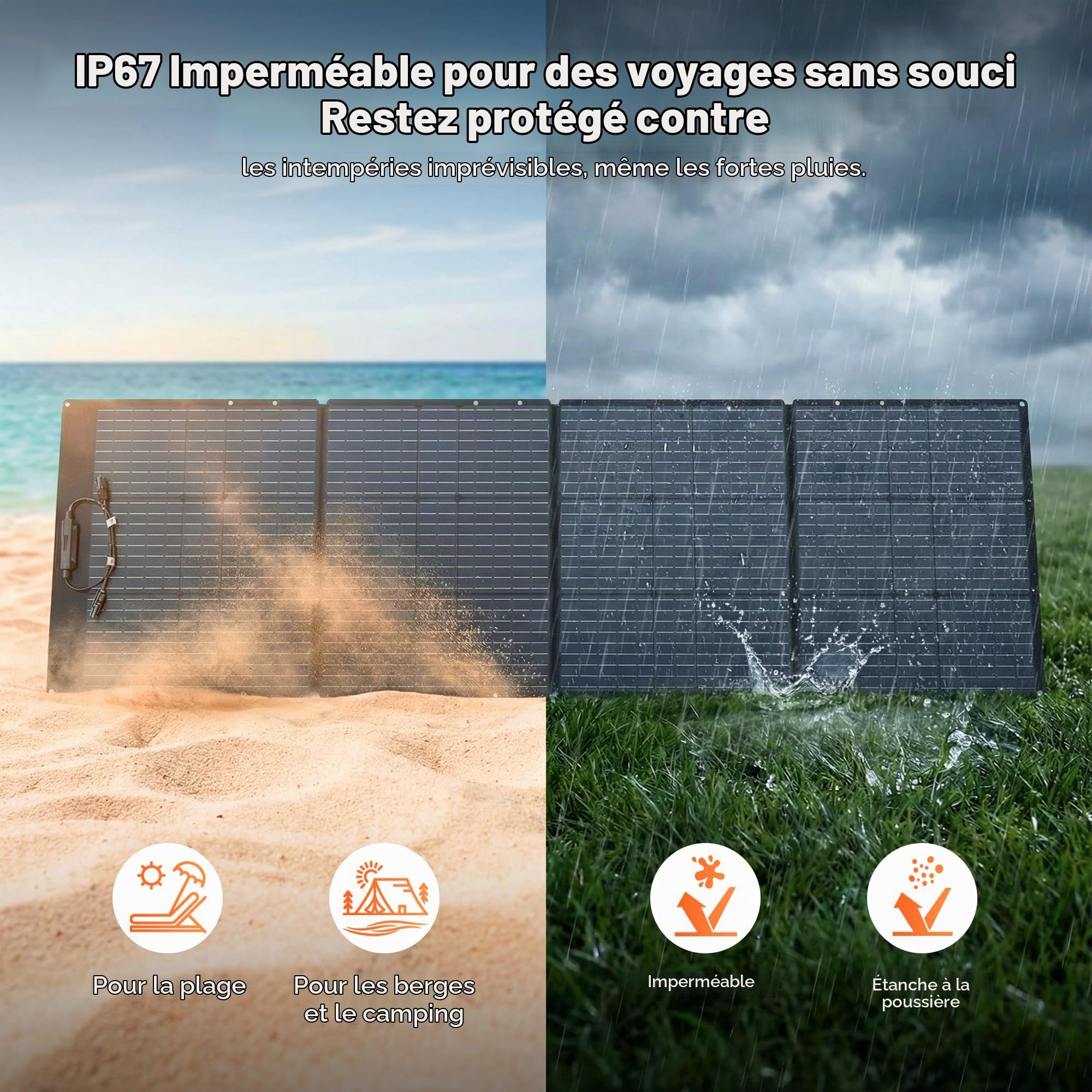 Panneau Solaire Portable 200 W Chargeur Solaire Pliable Monocristallin ETFE Efficacité de Conversion 23% avec Sortie MC4, Étanche pour Station Alimentation, Randonnée, Camping, Hors-réseau