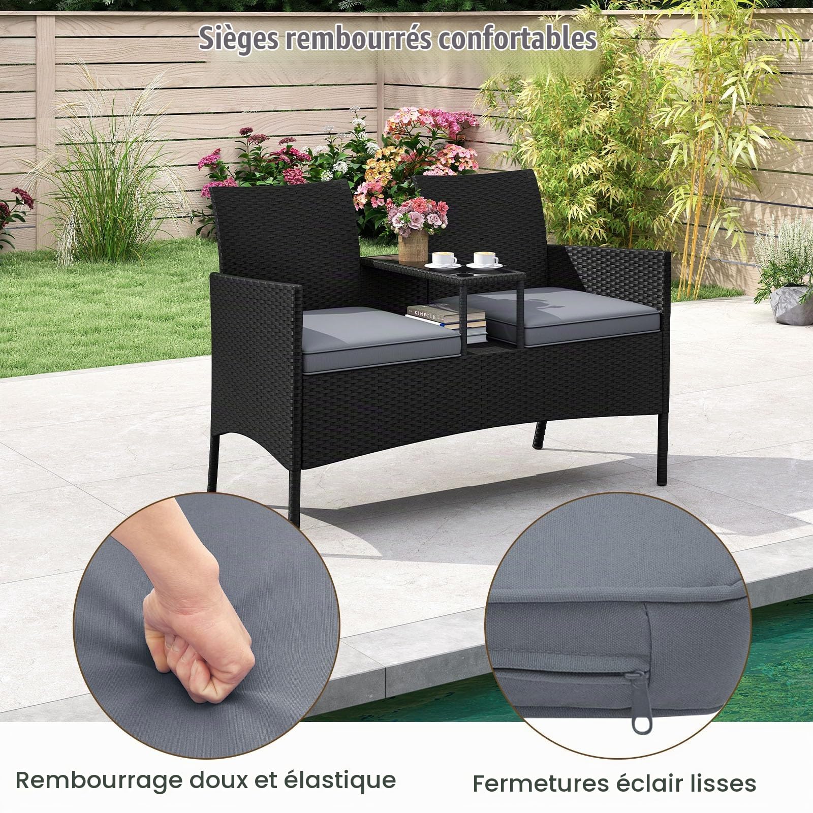 LIFEZEAL Banc Double de Jardin en Rotin PE avec Table en Verre Trempé, Fauteuil de Balcon 2 Personnes avec Coussin, Salon 2 Places avec Coussins, Mobilier de Terrasse, Patio, Charge 360 kg (Gris)