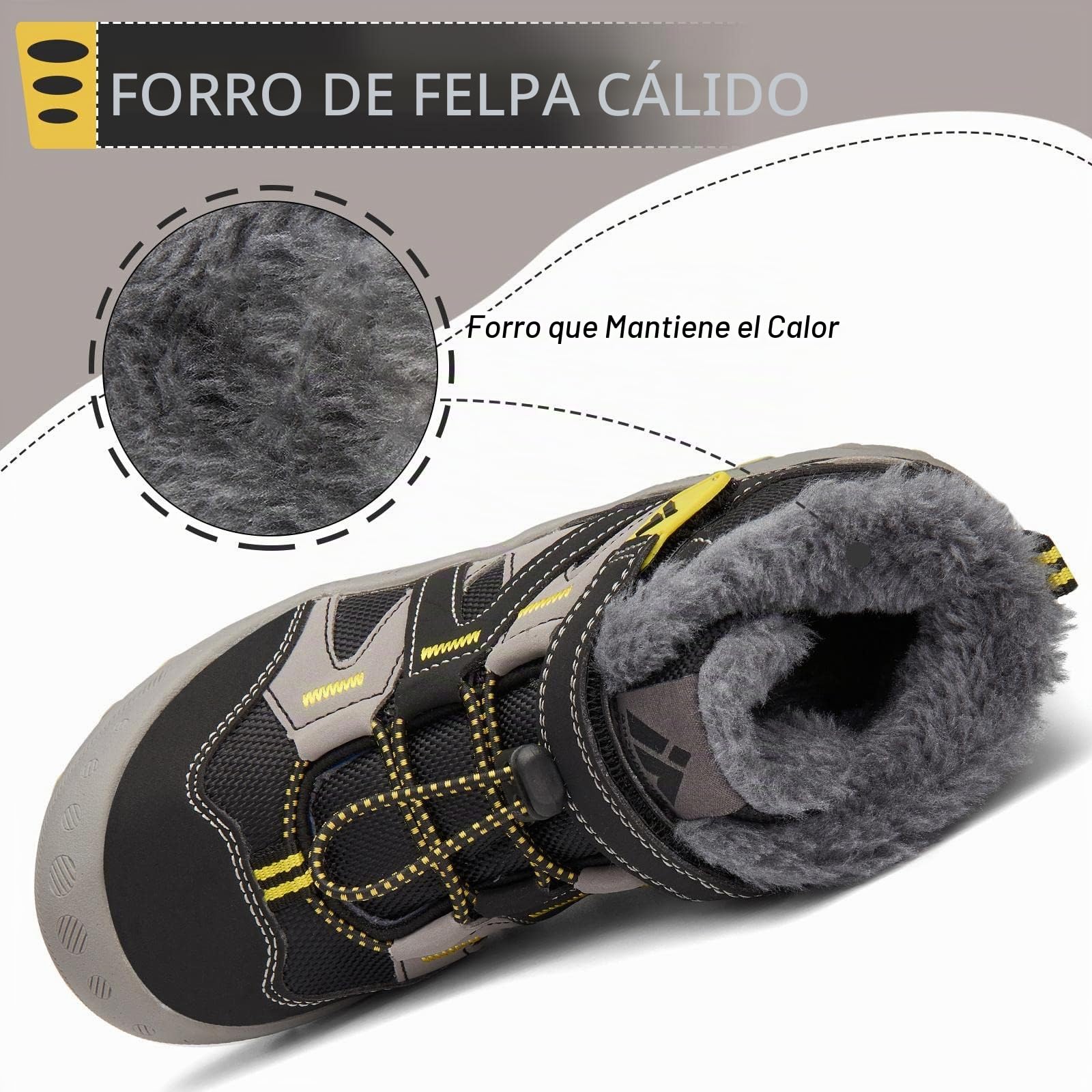 Mishansha Botas de Nieve Niño Botas Antideslizantes, Negroamarillento 28 | Forro cálido, cierre de autollenado, puntera reforzada, suela con dibujo, colegio, paseos, nieve