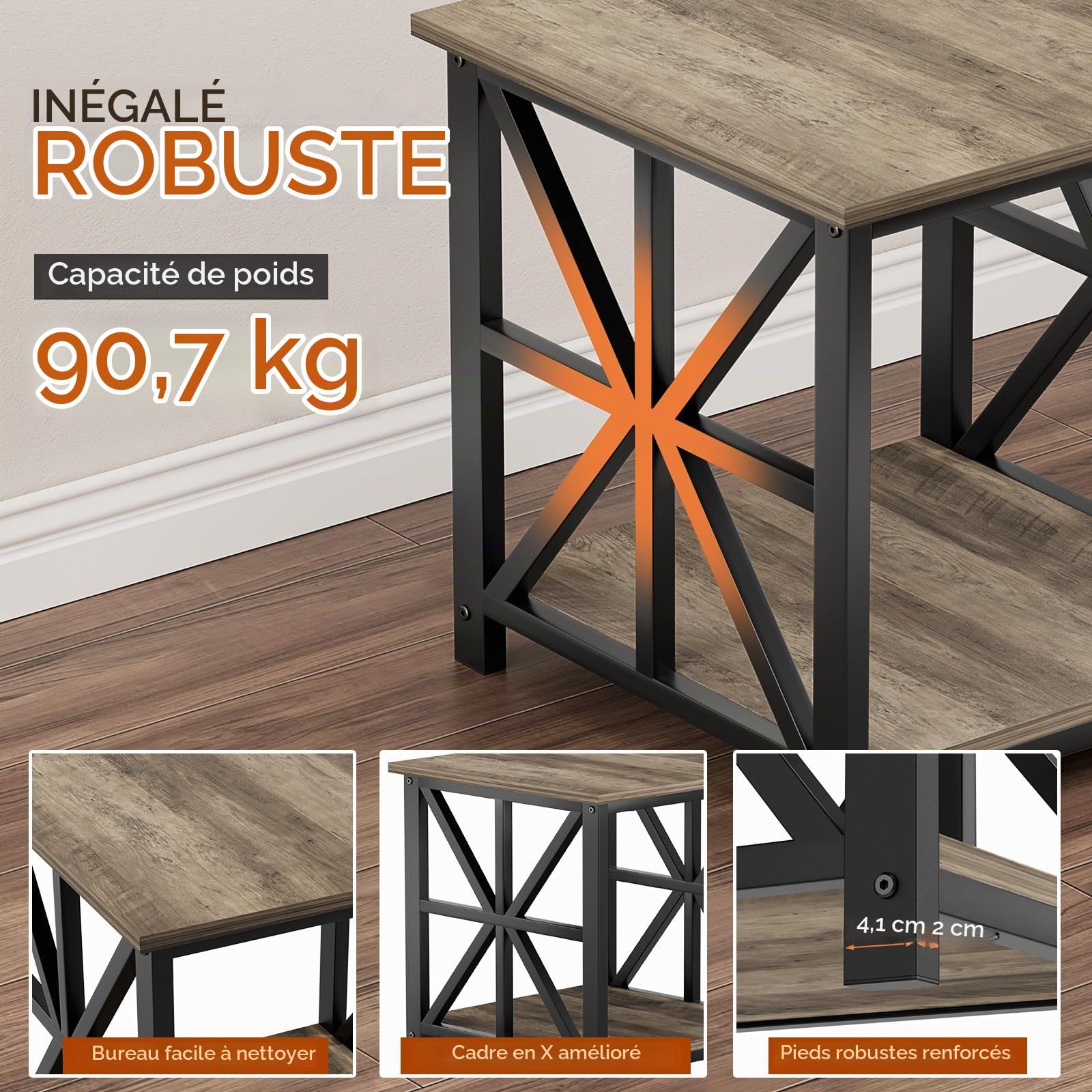 GreenForest Table d'appoint avec Étagère de Rangement à 2 Niveaux pour Salon, 50 x 50cm Moderne Table de Chevet pour Chambre, Montage Facile, Gris