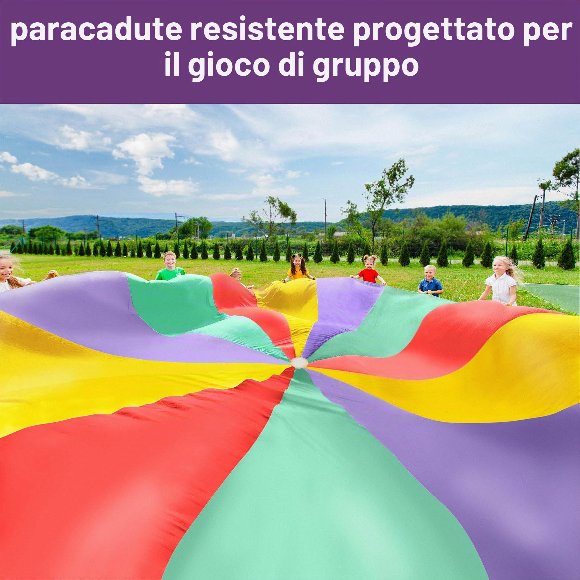 THE TWIDDLERS XXL Grande Paracadute Arcobaleno con 24 Manici per Bambini - 6m - Ottimo Come Gioco di Gruppo