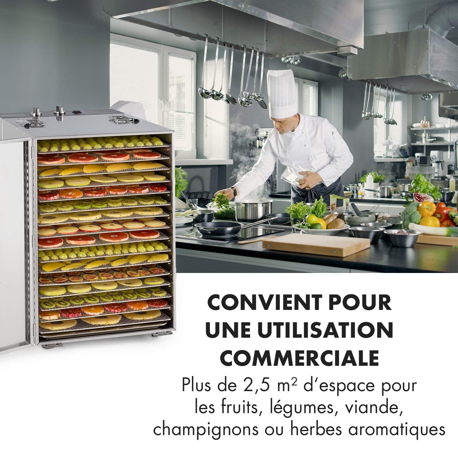 KLARSTEIN Master Jerky - Déshydrateur alimentaire, Température réglable en continu de 40-90 °C, Minuterie 15h, DigiSet Control, Boîtier en inox, 1500W, 4 à 20kg de fruits - Argent