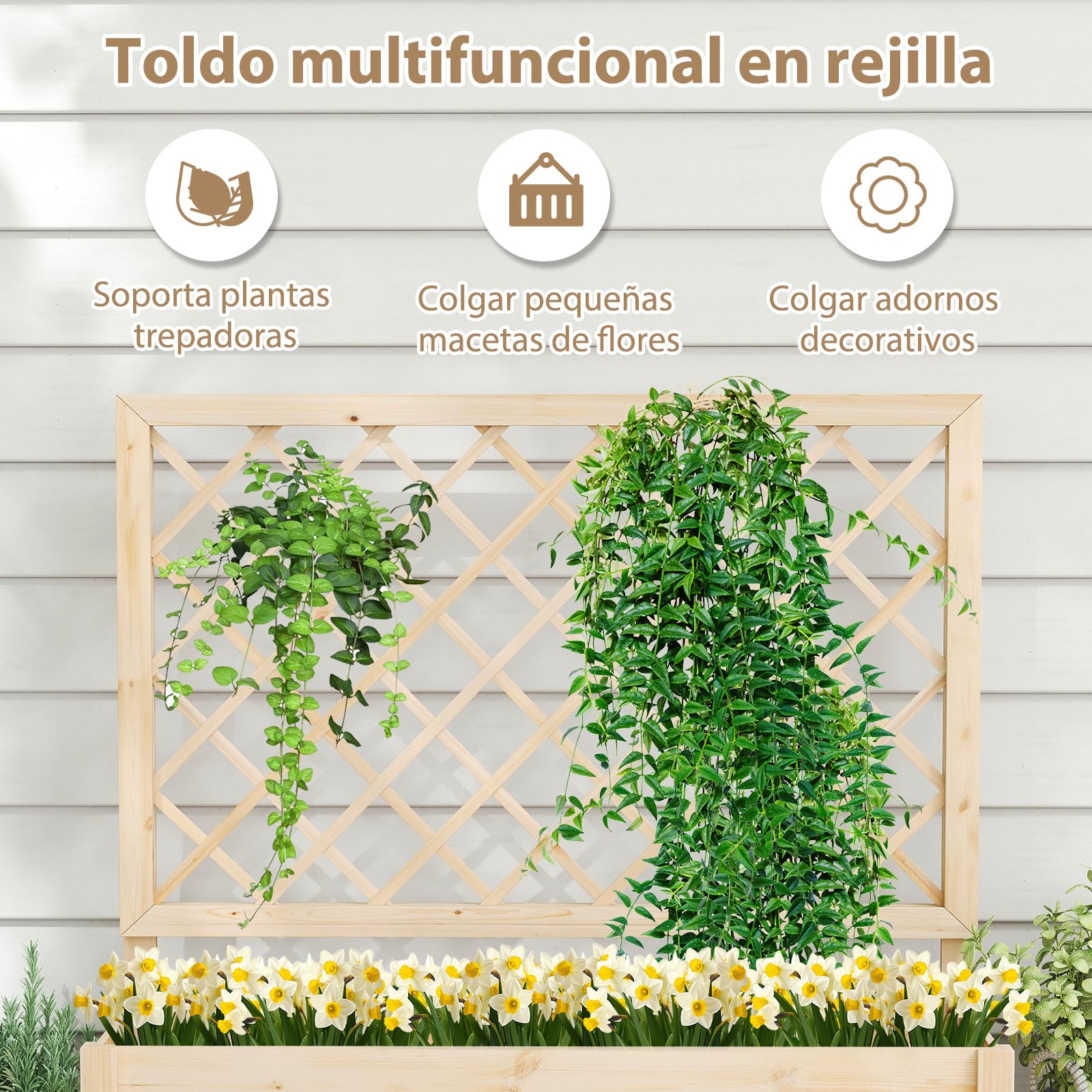 GOPLUS Jardinera Elevada de Madera, con Enrejado y Drenaje, Cama de Jardín para Enredaderas Flores, Hierbas, Verduras y Frutas, Maceta para Interior Exterior Patio Terraza (98x38x101cm)