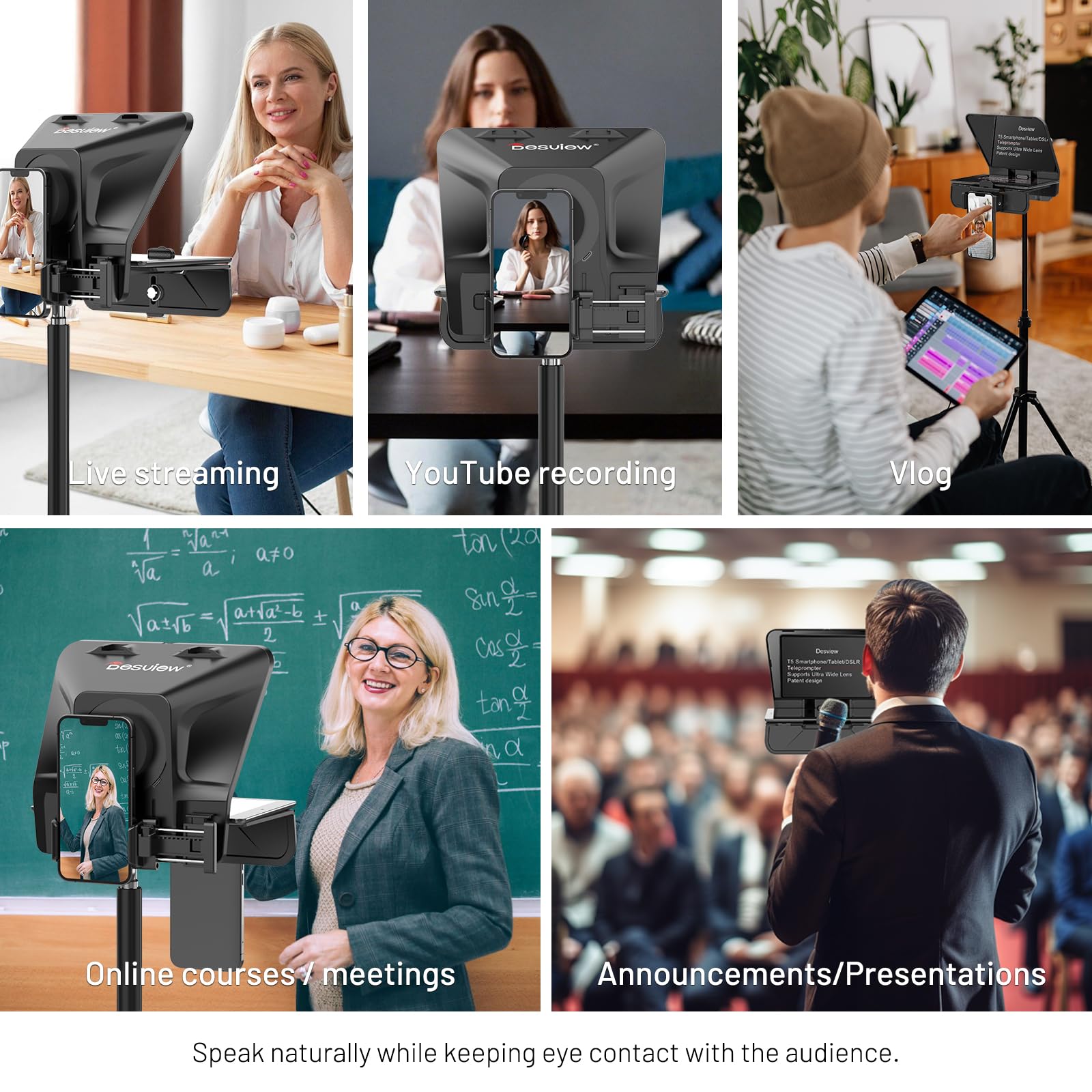 Desview T5 Téléprompteur Portable pour Smartphone, iPad et Caméra DSLR | Jusqu'à 11" iPhone/Tablettes, Télécommande Bluetooth & Application, pour Enregistrement Vidéo YouTube Live Streaming