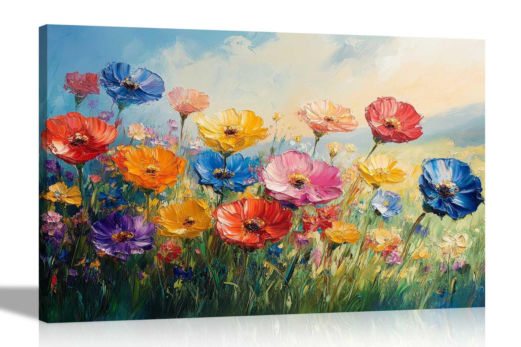 Artley Prints Blossoming Summer Flowers - Abstract Colourful Summer Flowers Canvas Prints For Living Room Bedroom Landscape Wall Art Framed Home Pictures Large 86 X 61Cm (34 X 24 Inches) A1