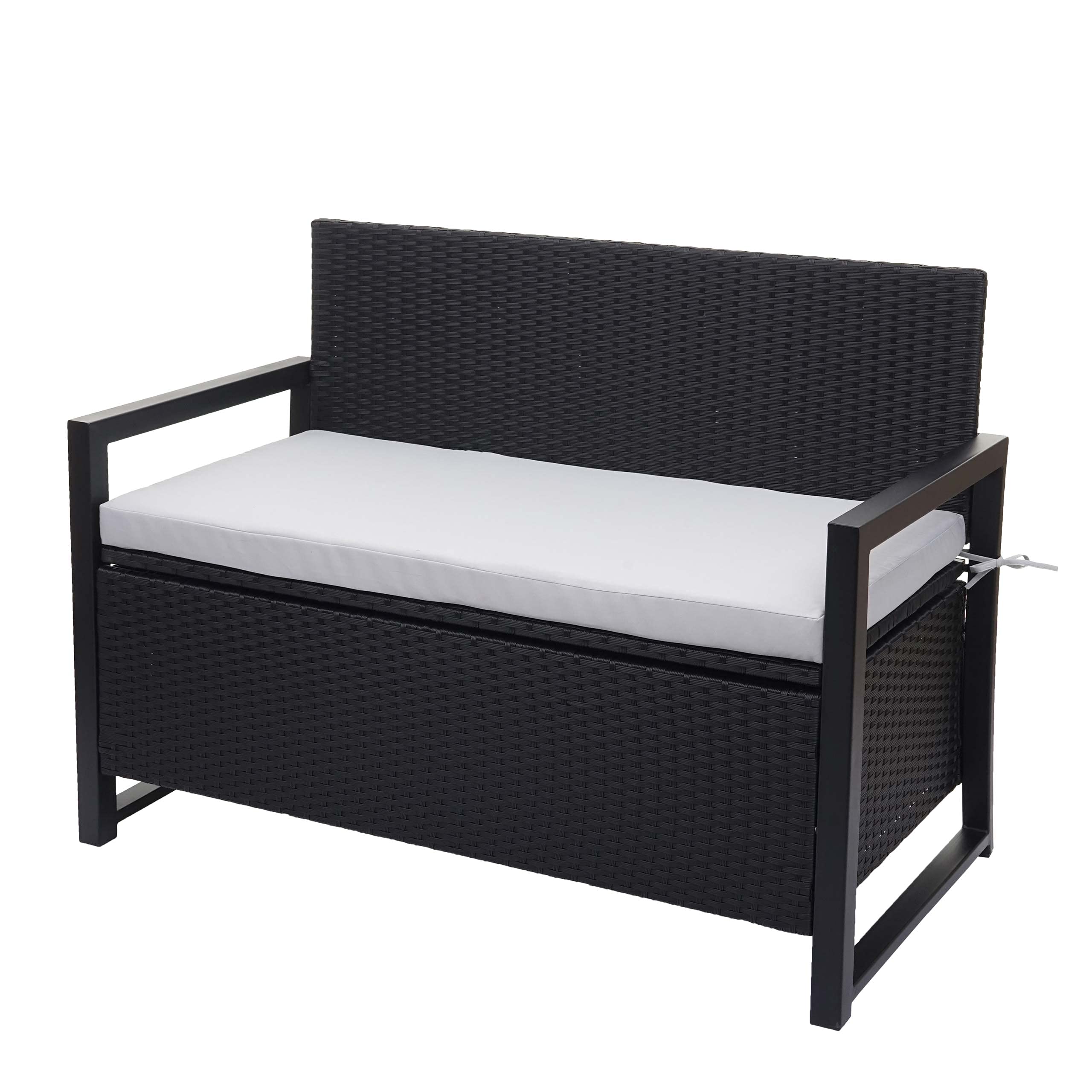 Mendler Banco de 2 plazas HWC-F39 de polirratán, banco de jardín, baúl, compartimento de almacenamiento, cojín de almacenamiento, color antracita, cojín gris