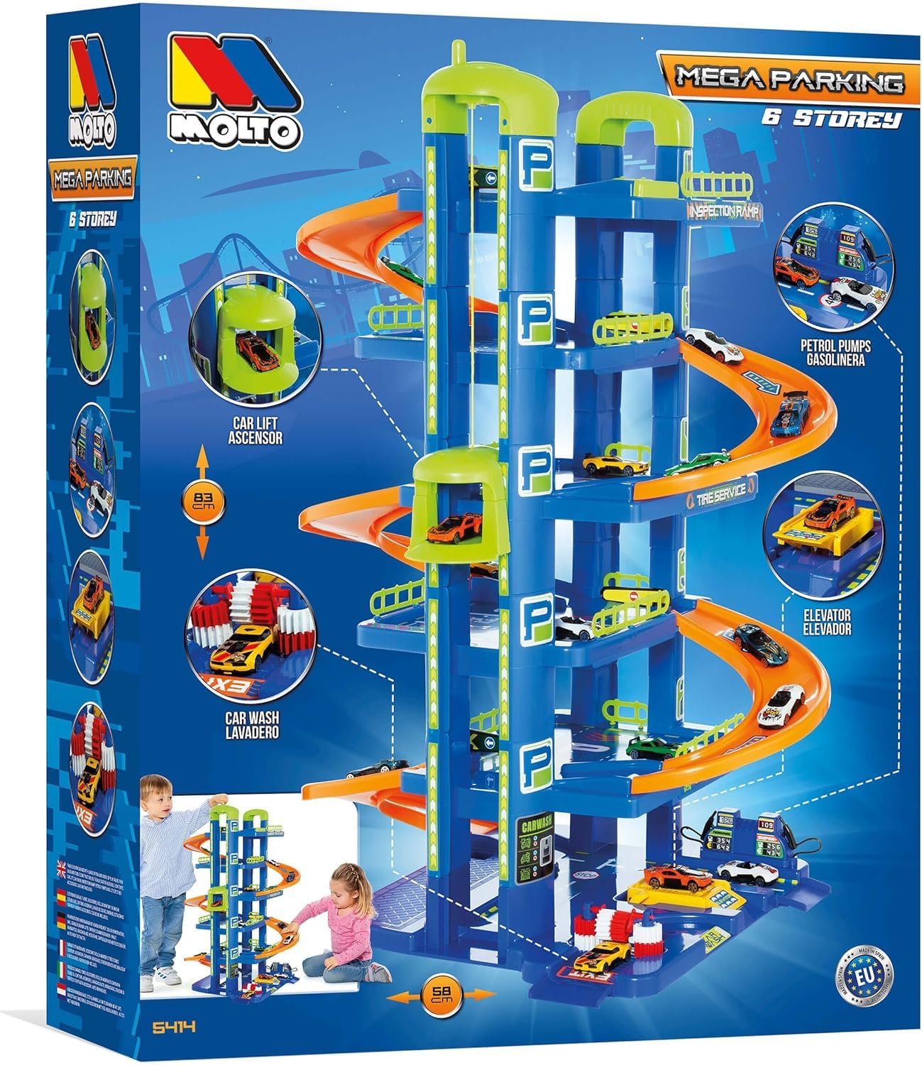 MOLTO | 6 piante parcheggi per bambini con garage, rampe, lavanderia, ascensore, stazione di benzina e area unta | Include 10 auto | Giocattoli educativi per bambini | + 3 anni