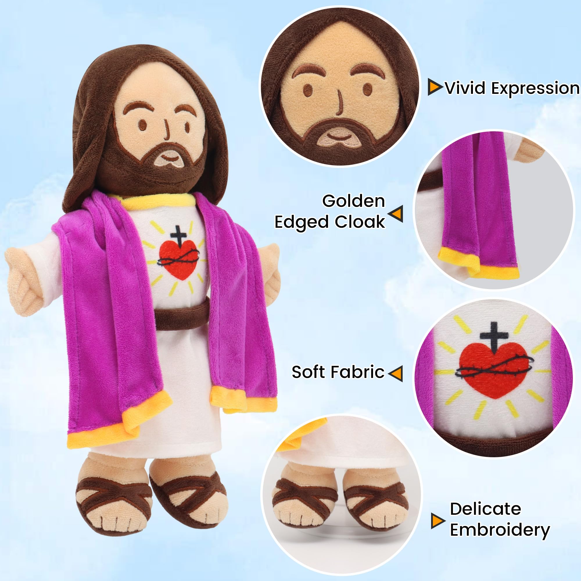 Yelakey Muñeca de peluche de Jesús de 13.4 pulgadas con chal con ribete dorado, regalo religioso cristiano para niños, decoración de Navidad y Pascua (morado)