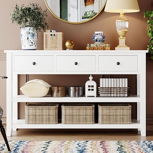 Miniatura 6 de Knocbel Mesa consola con 3 cajones y 2 estantes de capas, mesa de sofá retro de mediados de siglo de madera de pino maciza para entrada y pasillo,