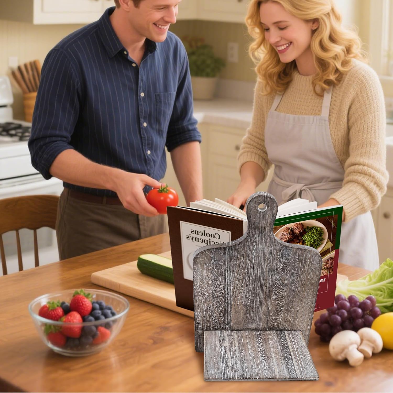 Cookbook Stand Recipe Book Stand: Cook Book Stand for Kitchen Counter, Rustic Cook Book Stand Adjustable Tablet Cookbook Holder, Wood Cutting Board Style Cooking Gift for Woman - Gray
