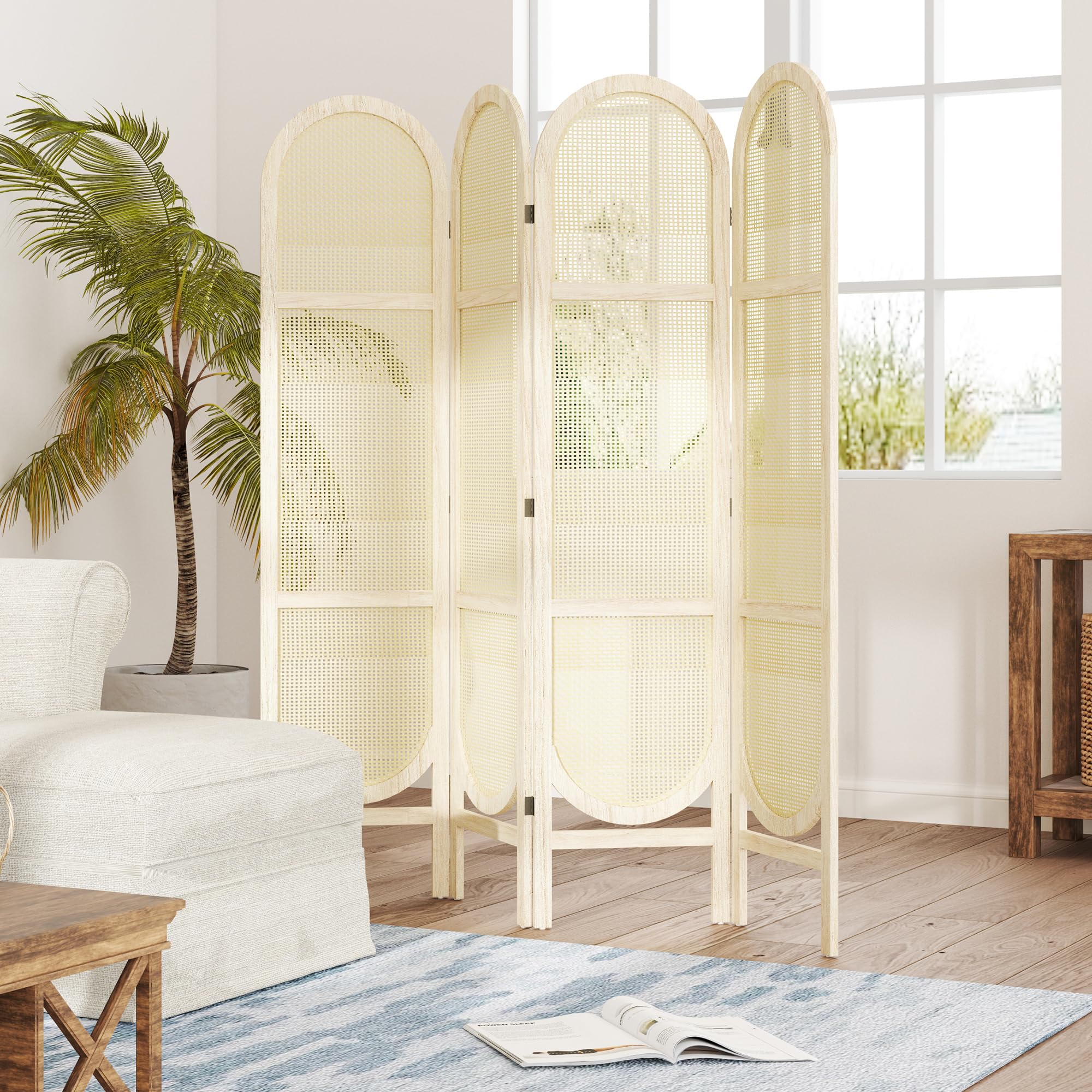 HOMCOM Paravent Interieur en Bois 4 Panneaux 170 x 160 cm séparateur de pièce Pliable et Portable, Motif tissé à la Main, cloison de séparation pour Salon Chambre à Coucher Maison, Bois Naturel