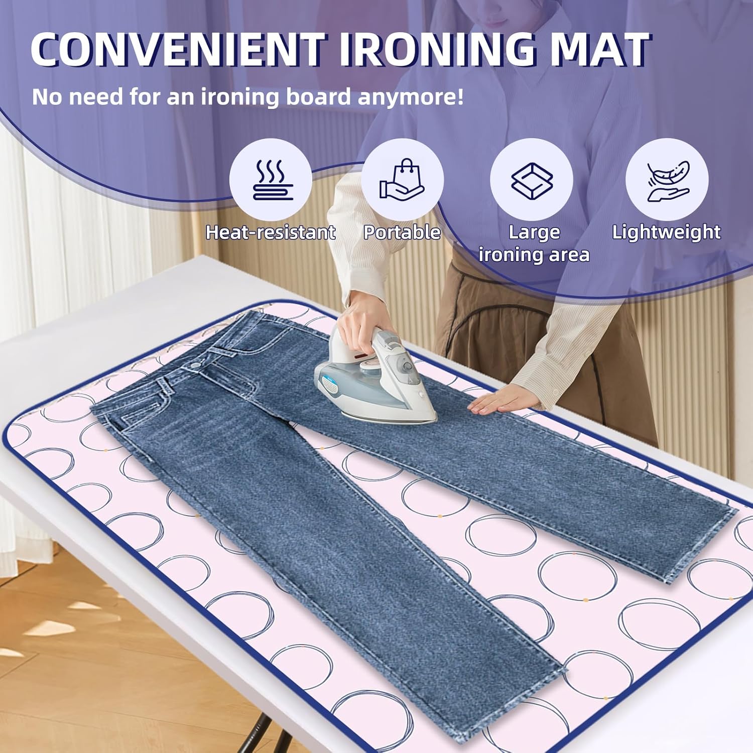 Foldable Ironing Mat, Portable Hanging Ironing Pad with Silicone Iron Rest, Heat Resistance Ironing Pad Cover for Washer, Dryer, Table Top, Countertop (Pink)