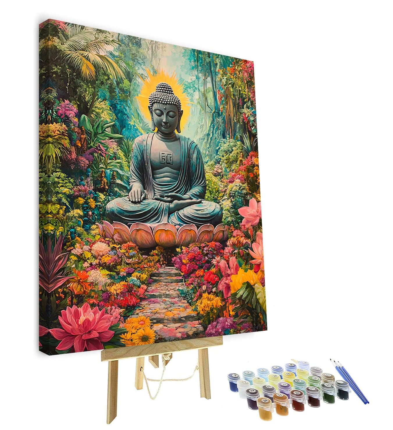 TISHIRON DIY Paint by Numbers for Adults Buddhas Paintings Adult Paint by Number Kits on Canvas Buddha Among Flowers Painting by Numbers Kit for Adults Vintage Art Crafts Framed 16x20 in