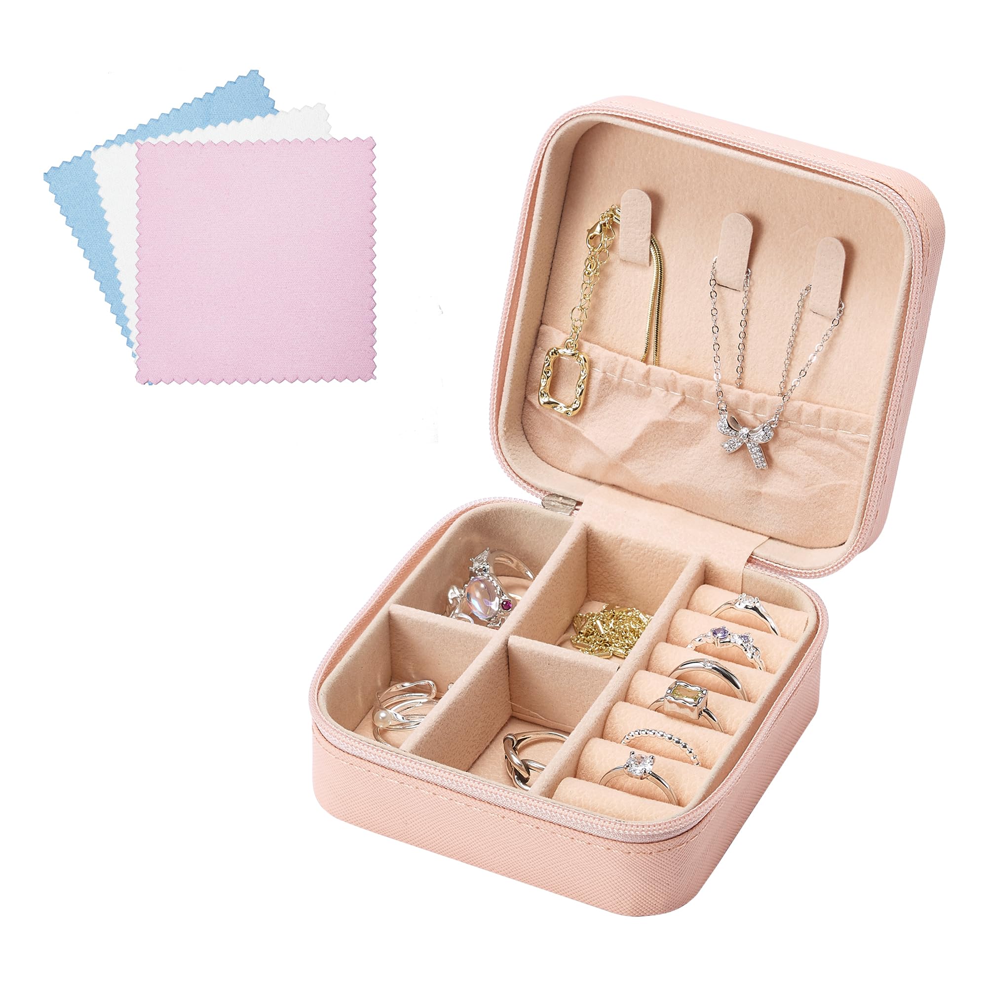 DOZNOZRISmall Jewellery Box Organiser, Portable PU Leather Travel Storage Case with 3pcs Silver Polishing Cloth for Necklace Bracelets Rings Earrings Jewellery Gift Box for Girls Women (Pink)