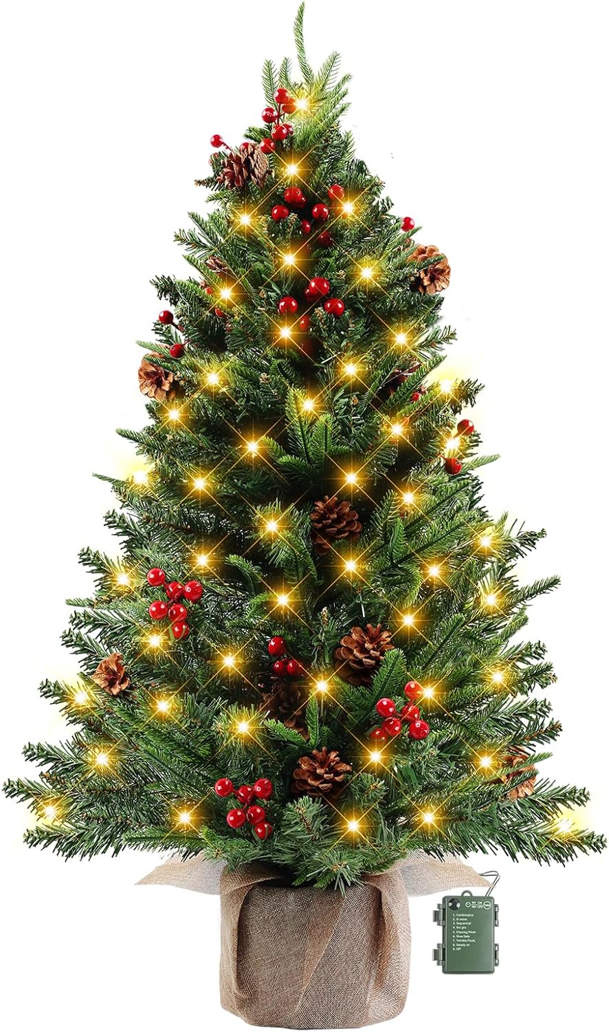 3 FT Mini Tabletop Christmas Tree, Artificial Christmas Tree with 80 LED Light Beads and 170 PE+PVC Branch Tips Battery Powered, Pine Cones and Red Berries Included for DIY Xmas Decorations 3FT PE+PCV
