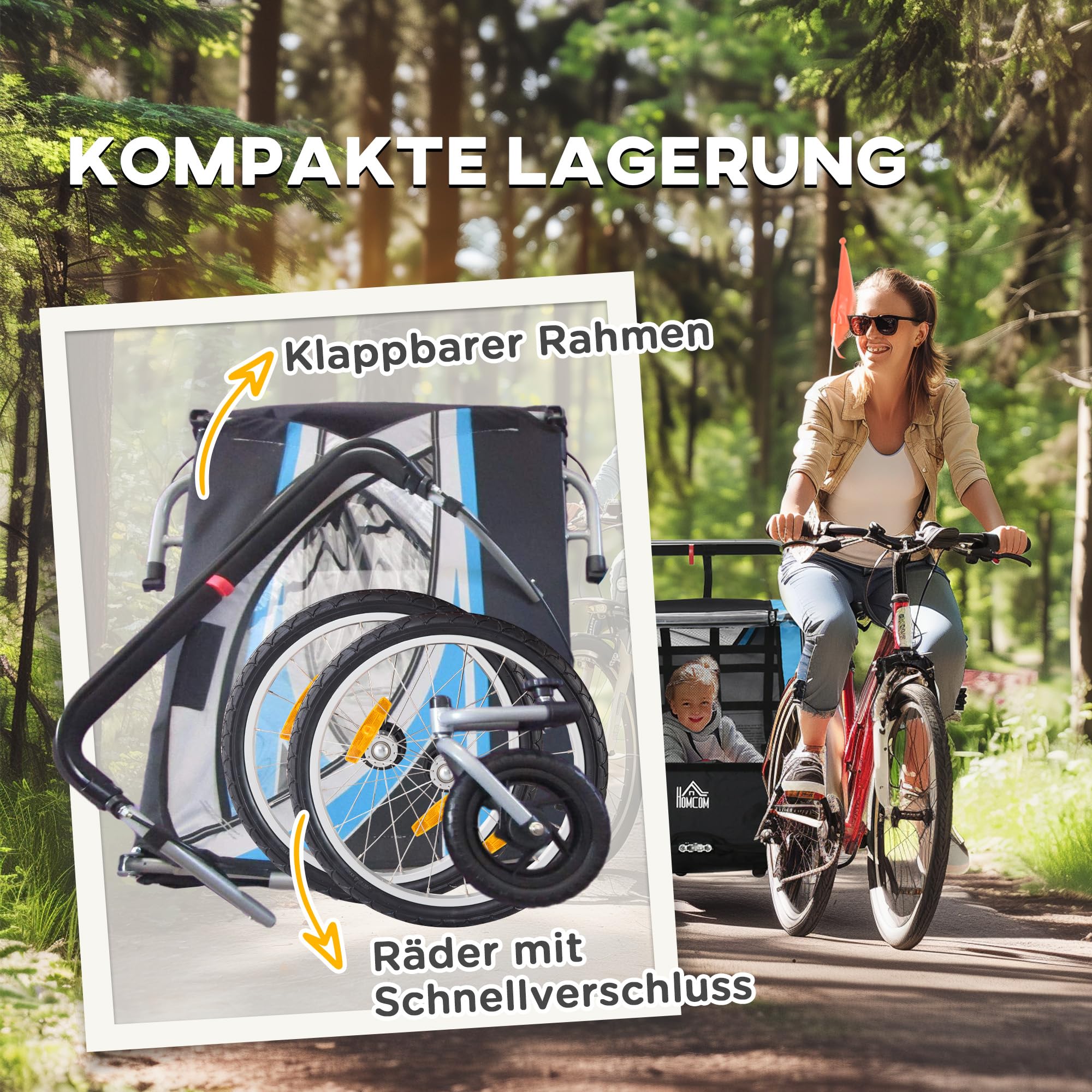 HOMCOM Remorque de vélo pour Enfants 2 en 1, 142 x 75 x 101 cm, Bleu+Noir
