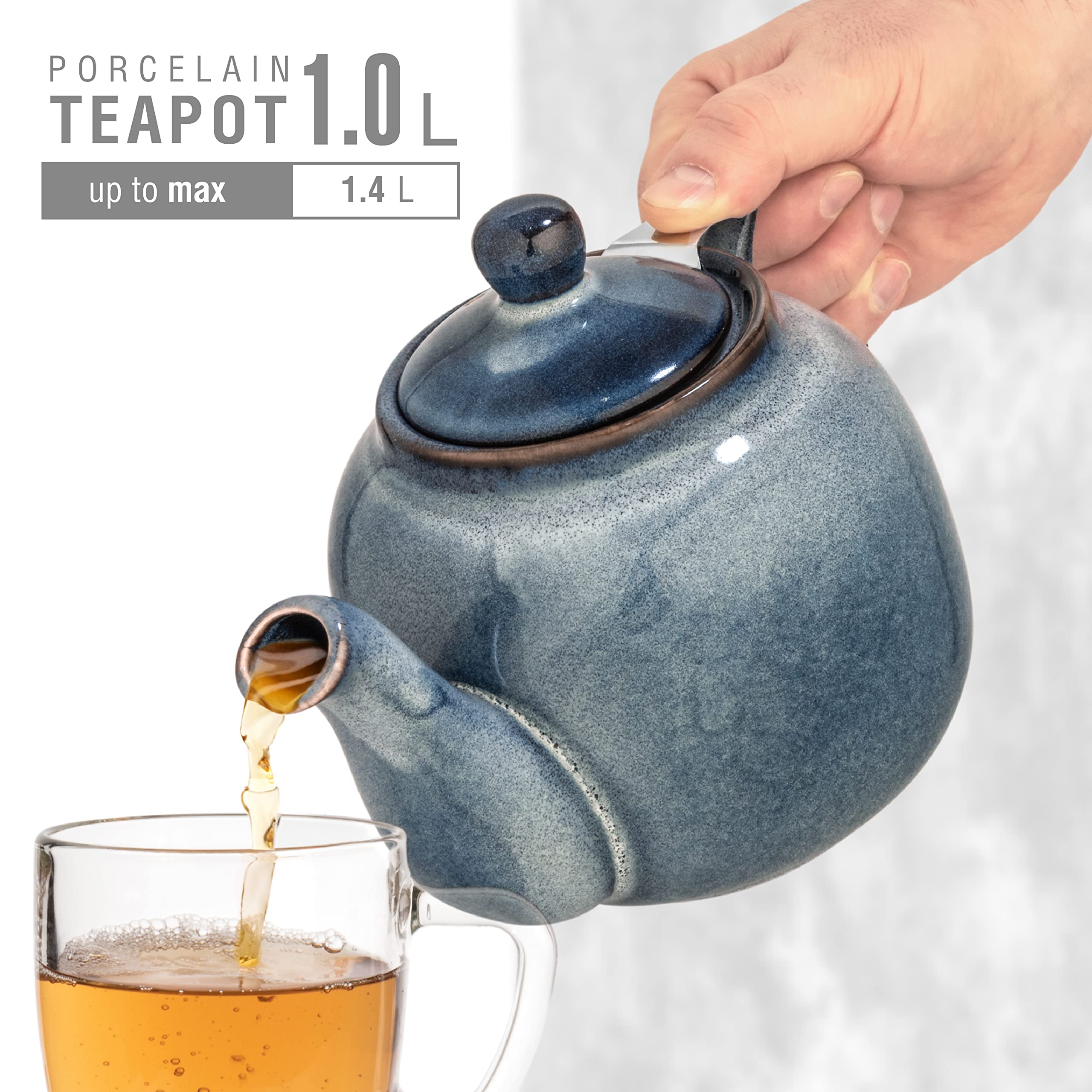 Théière "Bristol" à glaçure dégradée, émaillée à la main (gris-bleu avec filtre) THÉIÈRE THÉIÈRE STYLE CLASSIQUE ANGLAIS 1 litre en céramique fine avec une glaçure adaptée à l'usage alimentaire