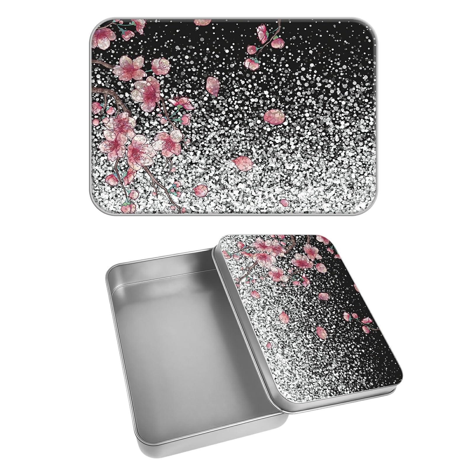 Rectangular Metal Tin Box with Removable Lid, Glitter Sakura Decorative Printed Metal Storage Container for Cards, Diaries, Home Organization 4.53 x 3.35 x 0.86 inch– Single Pack